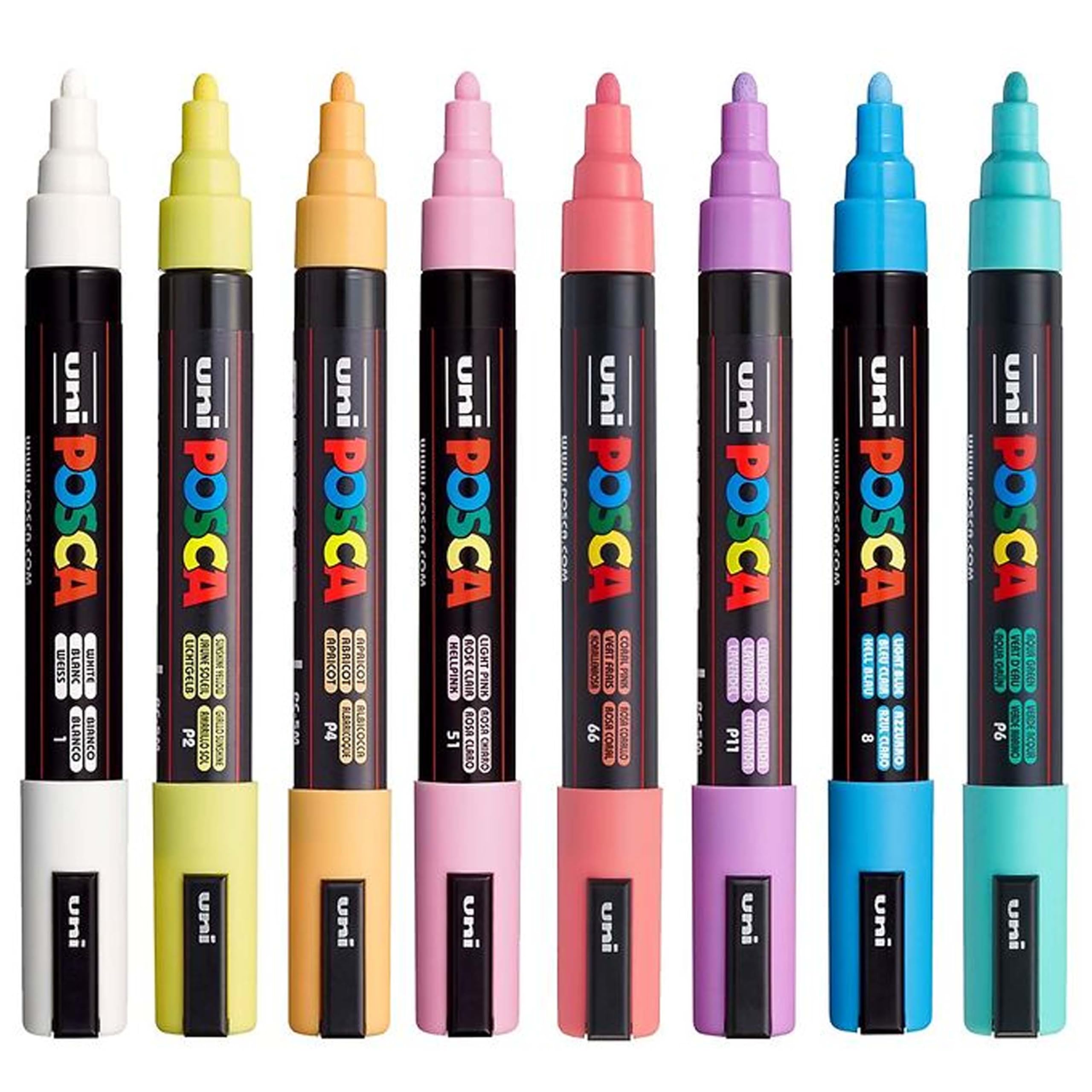 posca Markers Set, 8 Medium Paint Markers 5M – Soft Tones – White, Sunshine Yellow, Apricot, Light Pink, Coral Pink, Lavender, Light Blue, Aqua Green