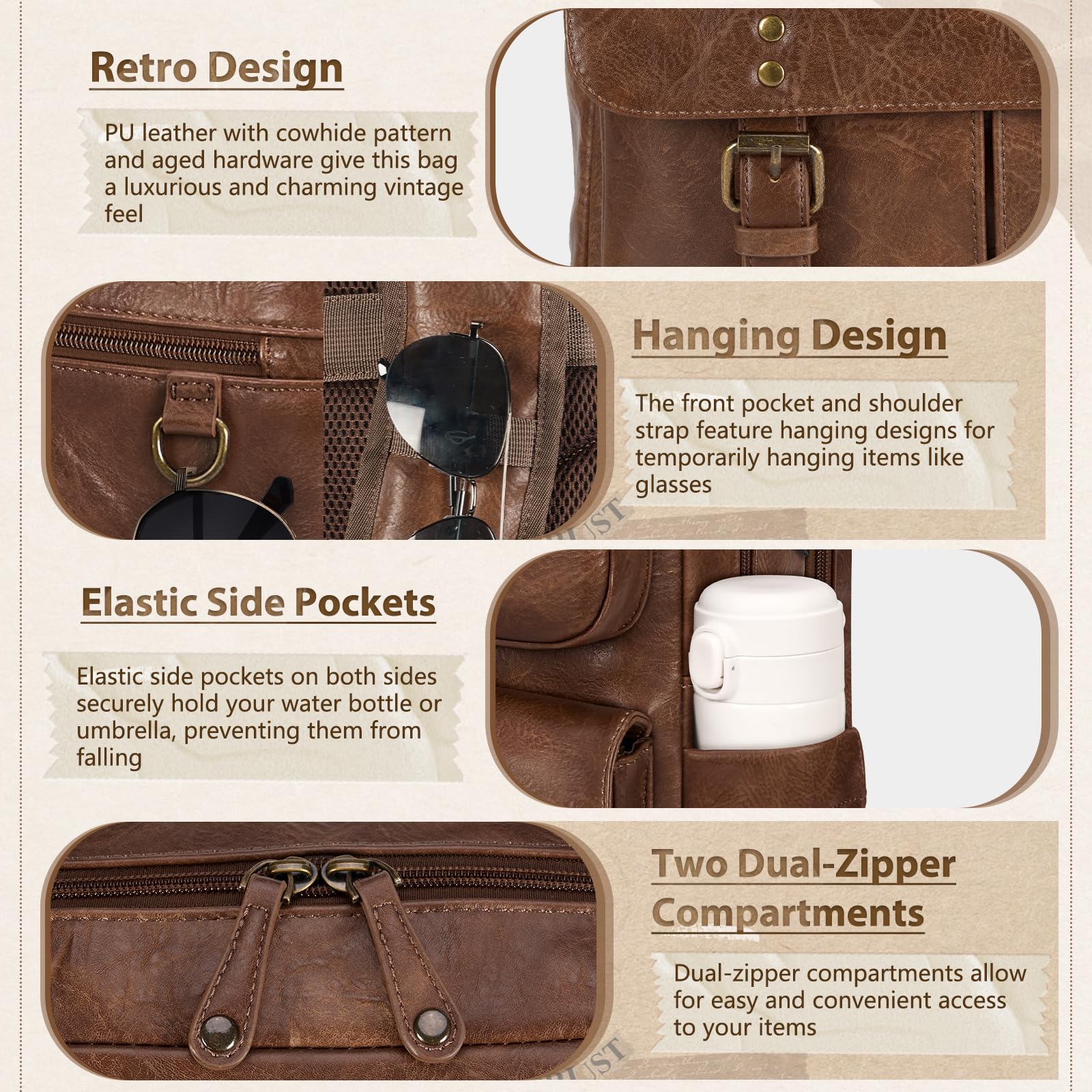 15.6 Inch Travel Laptop Backpack for Men Women, TSA Friendly Waterproof Business Computer Bag with USB Charging Port & Headphone Jack, Vintage PU Leather College School Bookbag for Work