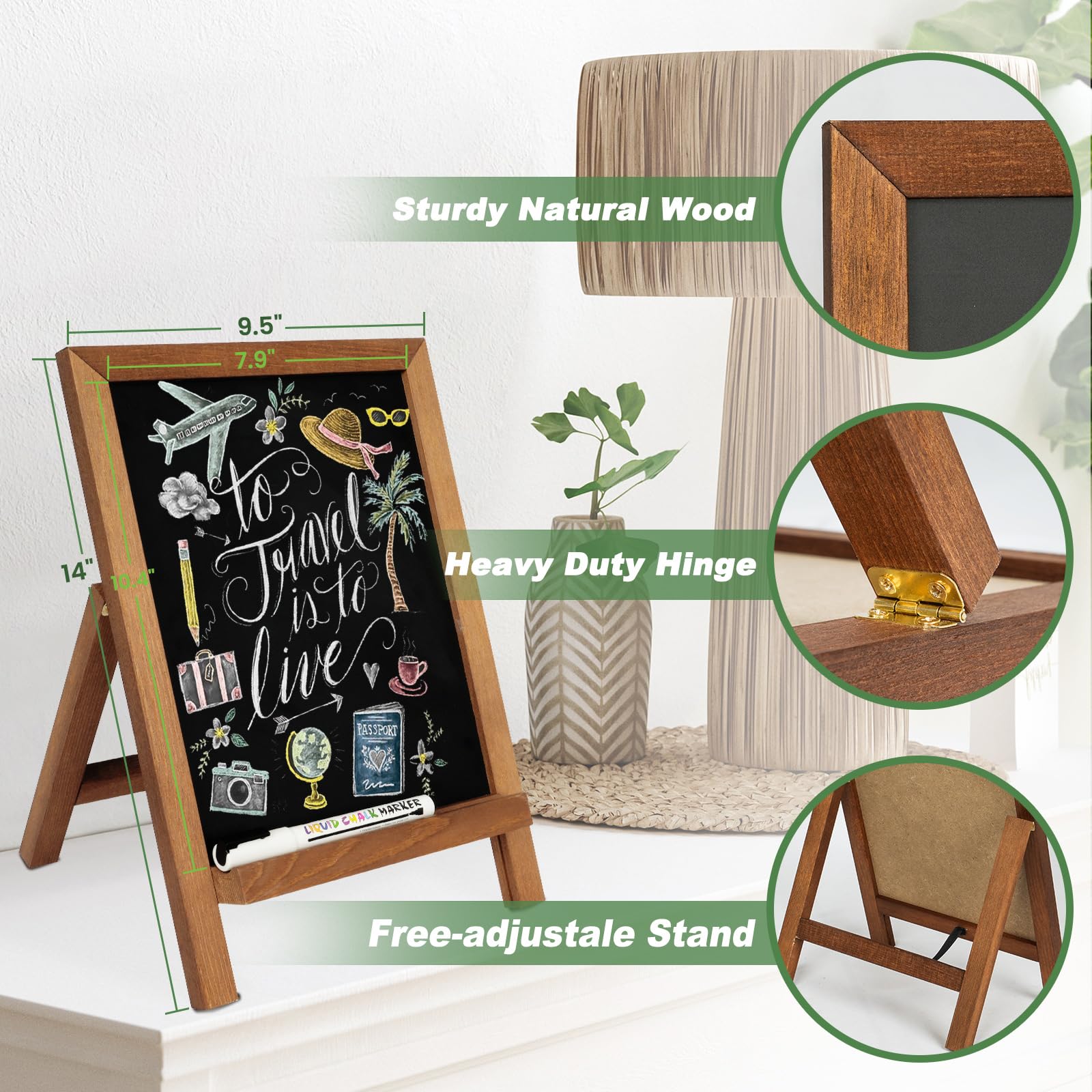 QUEENLINK Magnetic Chalkboard Sign with Stand, 9.5" x 14" Tabletop Wooden Framed Chalk Board, Small Desktop Menu Board for Kitchen Vintage Wedding（Brown）