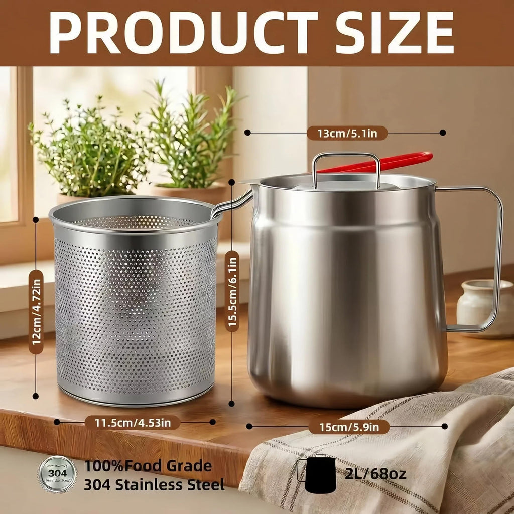2-in-1 Deep Fryer Pot with Basket(2.1L), Stainless Steel Oil Strainer Pot, 304 Food-Grade Frying Pot with Fine Mesh Oil Filter for Cooking & Bacon Grease Storage