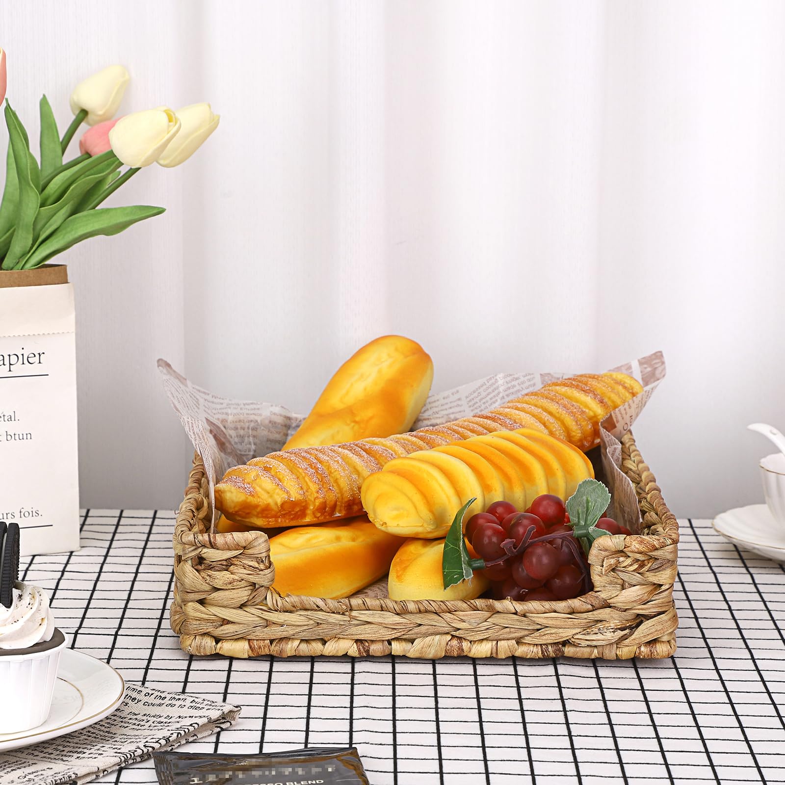 BTSKY Natural Water Hyacinth Woven Paper Letter Tray Desktop File Organizer Document Holder File Tray Magazine Stationery Storage Organizer，Multifunctional Hand Wove Rattan Serving Tray for Food