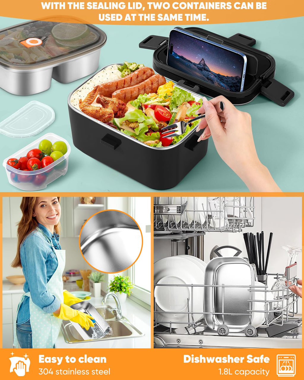 Electric Lunch Box Food Heater - 100W Fast Heating Lunch Box 12V/24V/110-230V Warming Lunchbox, Dual 1.8L Containers, Portable Food Warmer for Car/Truck/Travel, with Spork & Carry Bag (Black)