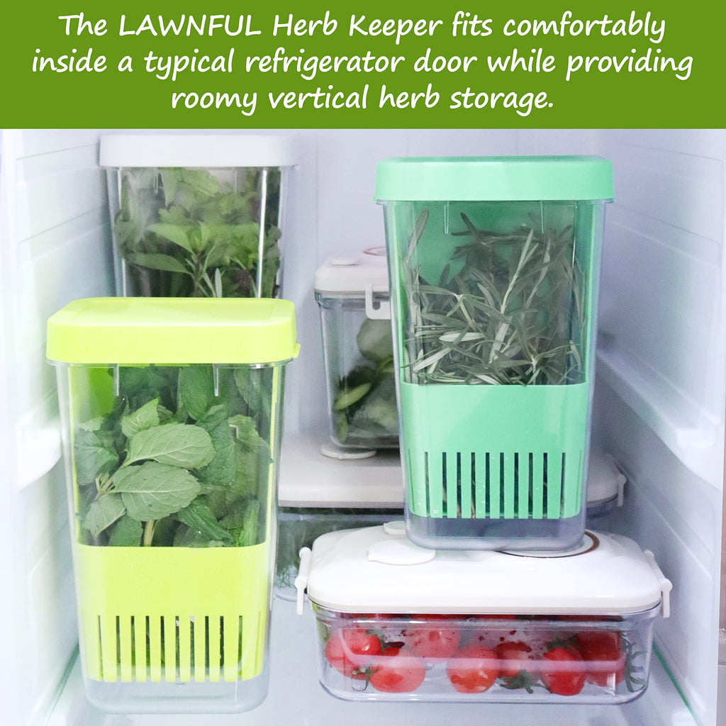 LAWNFUL 2 Pack Fresh Herb Keeper for Refrigerator, Clear Herb Saver, Storage Container for Cilantro, Parsley, Thyme, Mint & Asparagus, Preserver Keeps Fresh Herbs for 3 Times Longer, Green & Blue