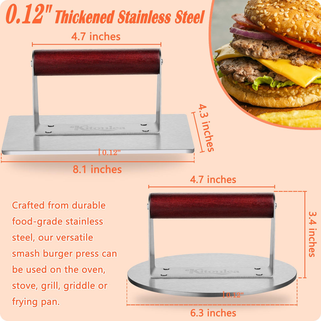 Stainless Steel Burger Press Kit, Heavy-Duty Thicken Smash Burger Press with Heat Resistant Wooden Handle Grill Press Bacon Sandwich Meat Press Non-Stick Bacon Press, 6.3 Inch
