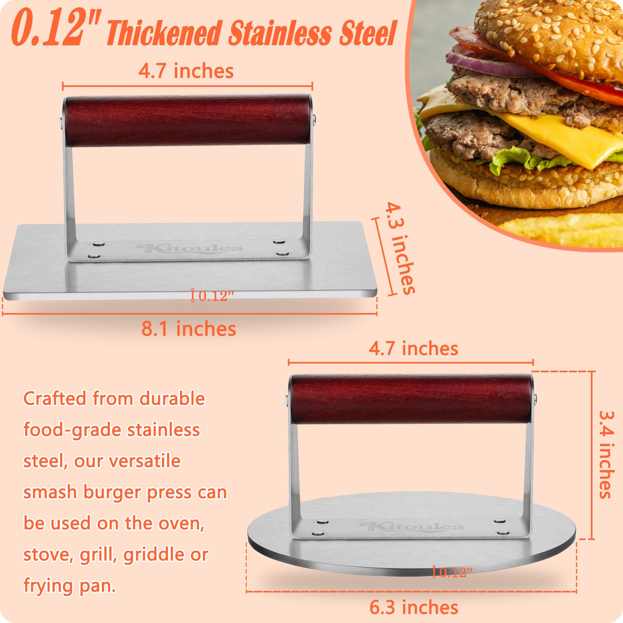Stainless Steel Burger Press Kit, Heavy-Duty Thicken Smash Burger Press with Heat Resistant Wooden Handle Grill Press Bacon Sandwich Meat Press Non-Stick Bacon Press, 6.3 Inch