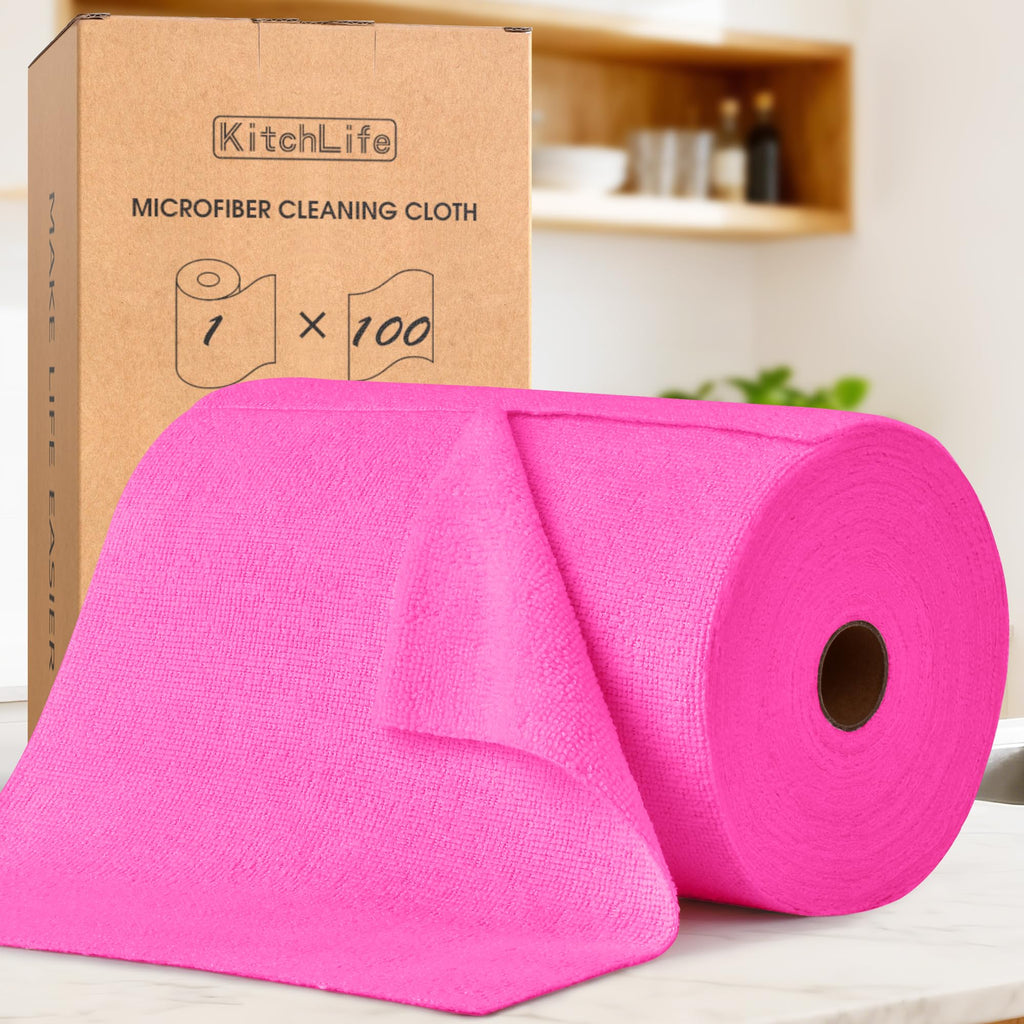 KitchLife Microfiber Cleaning Cloth Roll -100 Pieces, Tear Away Towels, Reusable, Washable, Lint Free, Ultra Absorbent Dishcloths Rags for Home, Kitchen, Car, Garage or Workshop (Hot Pink)