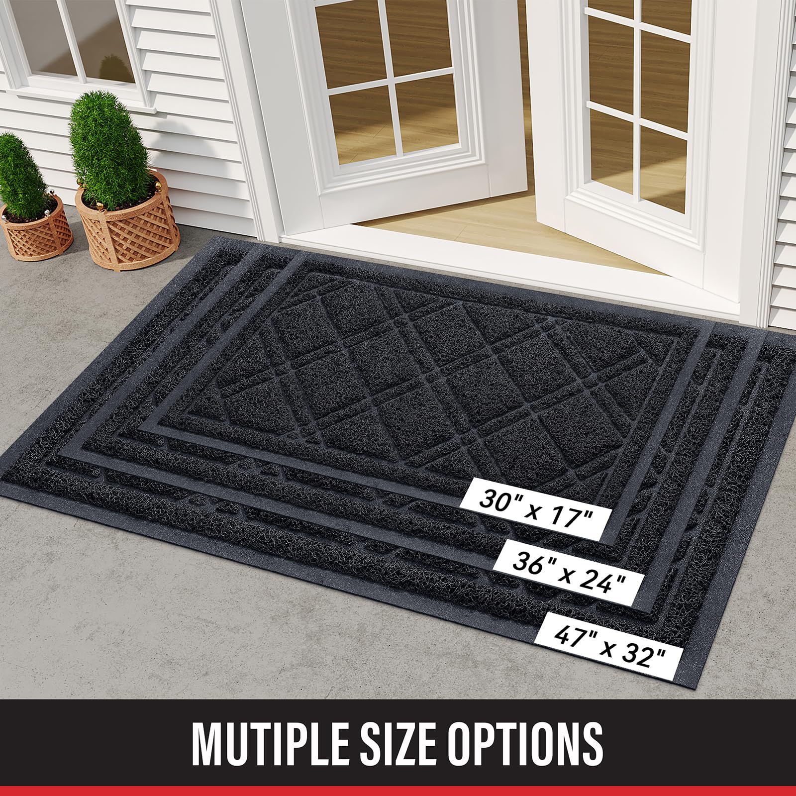 Front Door Mat Outdoor Mat for Entrance, Non-Slip Low Profile Doormat, Durable Dirt Trapper Welcome Mat Shoe Mat for Outdoor, Indoor, Front Back Doors, Entrance, 17"x30", Black