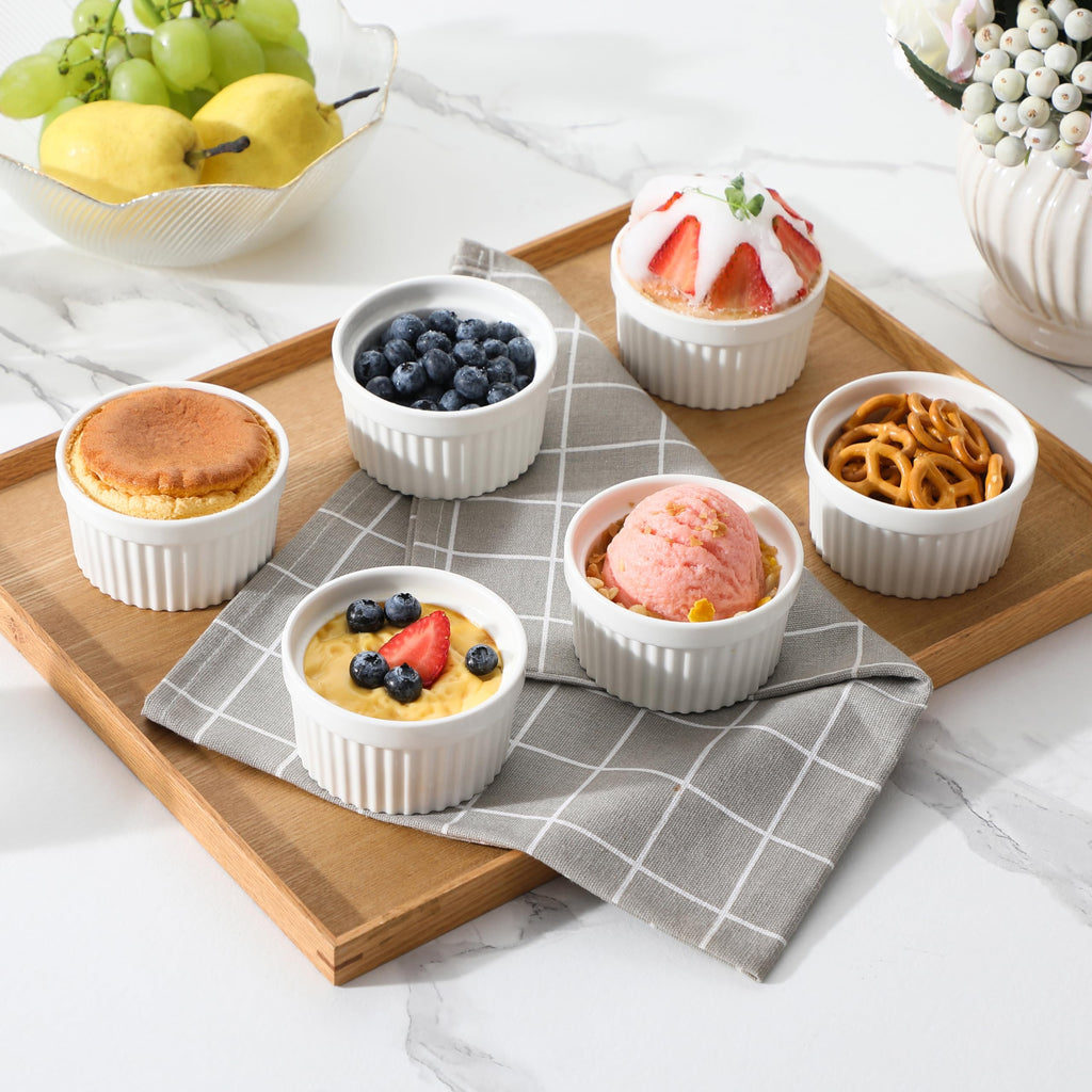 MALACASA Ramekins 4 oz Oven Safe, Porcelain Creme Brulee Ramekins Pudding Custard Cups Small Ceramic Souffle Dishes Ramakan Ramiken Ramicans Baking Bowls Set of 6, White, Series RAMEKIN-DISH