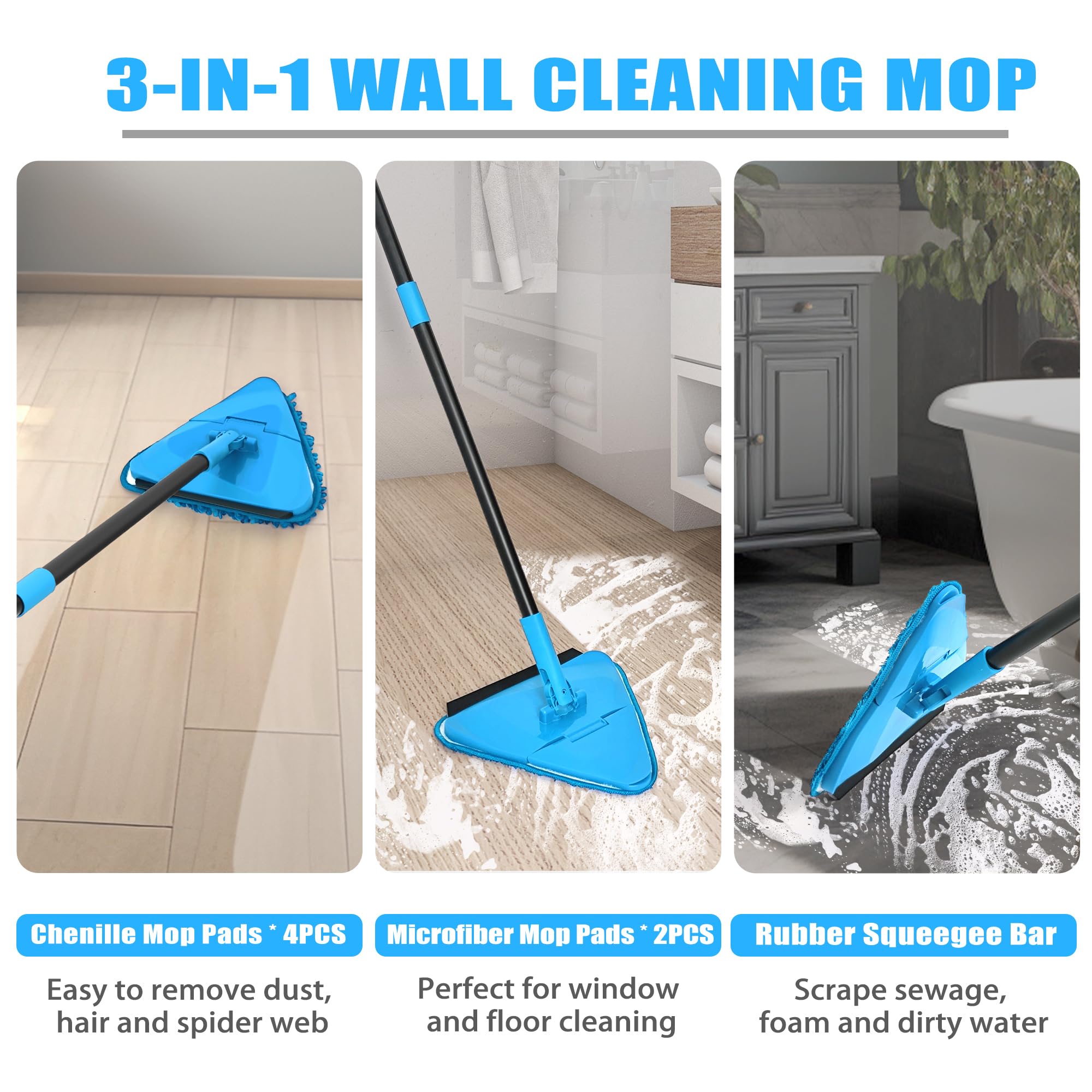 NEWE Wall Mop Cleaner with 80 inches Long Handle, 180° Folding Ceiling Cleaning Tool with Squeegee for Washing Painted Walls, Triangle Baseboard Scrubber 4 Chenille Duster and 2 Microfiber Pads