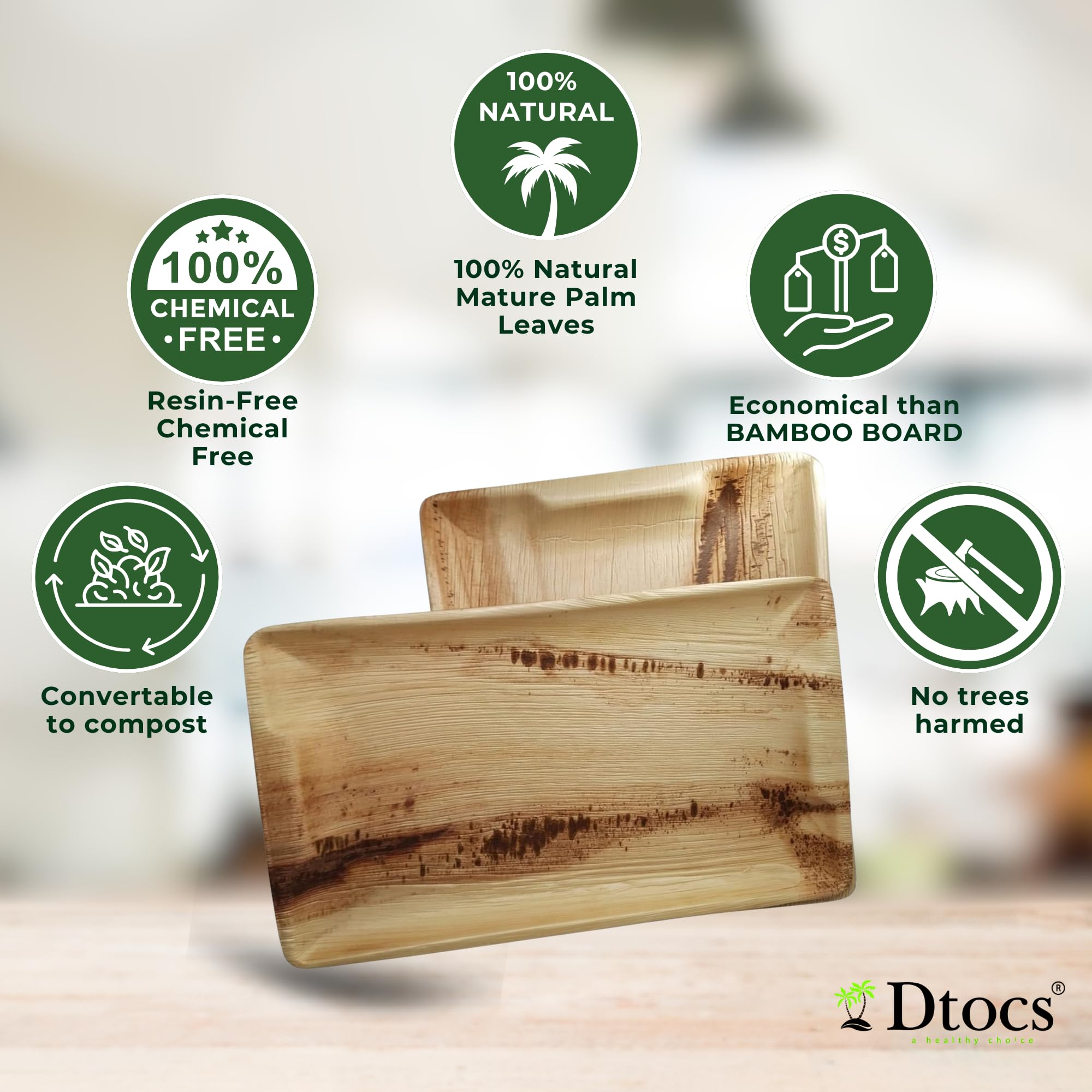 Dtocs Disposable Charcuterie Boards 14x10 Inch (10 Pcs) | Wooden Serving Tray Look Palm Leaf Platters for Food Appetizers, Parties, Catering | Microwavable Serving Platters Alt to Paper, Bamboo
