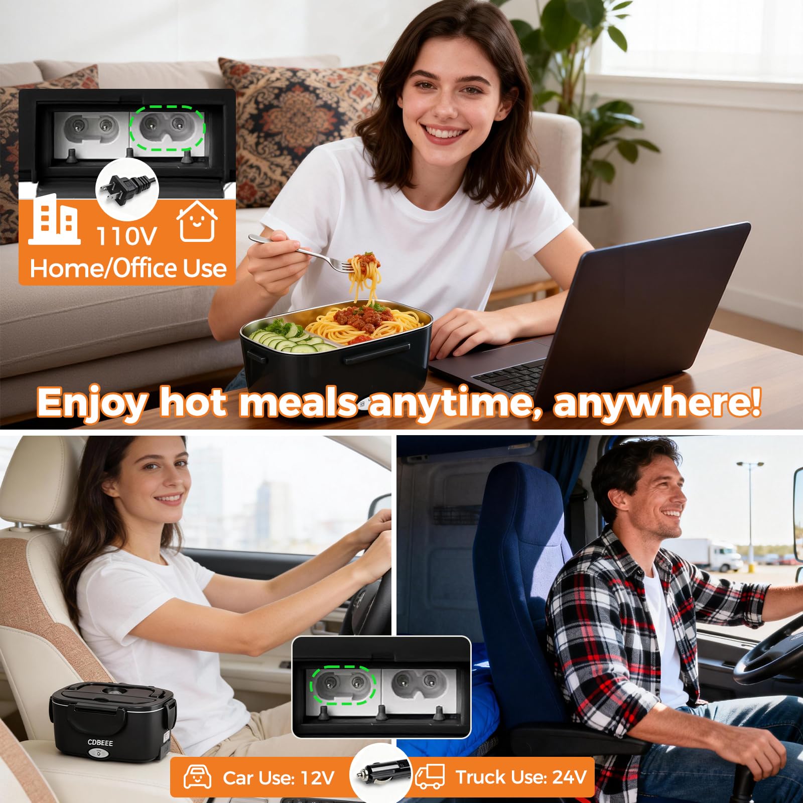 Electric Lunch Box Food Heater| 80W Rapid Heating 3-in-1 (Car 12V/24V & Home 110V) | 1.5L Portable Food Warmer Leak-Proof 304 Stainless Steel | Perfect for Work, Travel, On-The-GO (1.5L-Black)