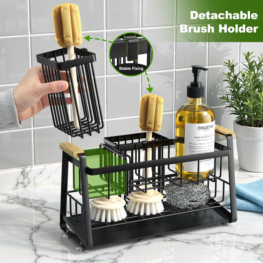 Housolution Sponge Holder for Kitchen Sink, 2-Tier Sink Caddy Organizer with Flexible High Brush Holder, Kitchen Countertop Storage Accessories, Soap Dispenser Organizer, Rustproof