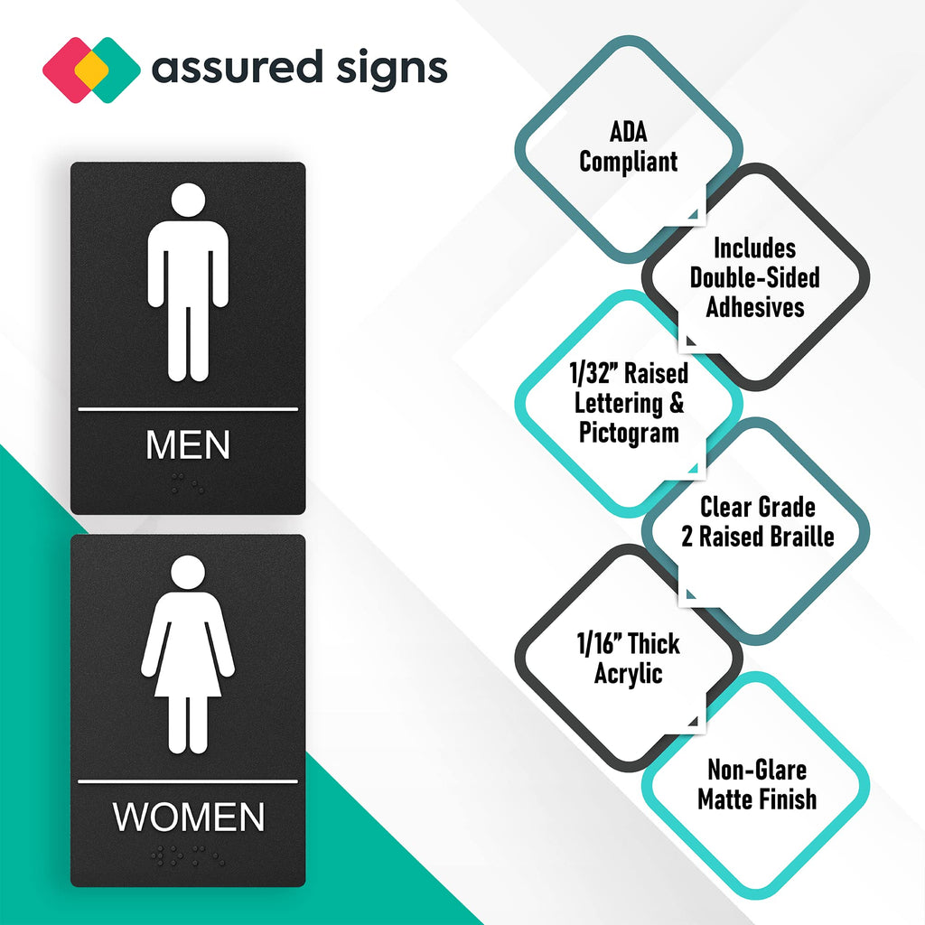 Washroom Sign, Bathroom Signs For Business - Ideal Restroom Sign For Men and Women - 9" by 6" - ADA Compliant with Braille - Strong Double-Sided Adhesives - Apply to Office, Home or Public Door/Wall