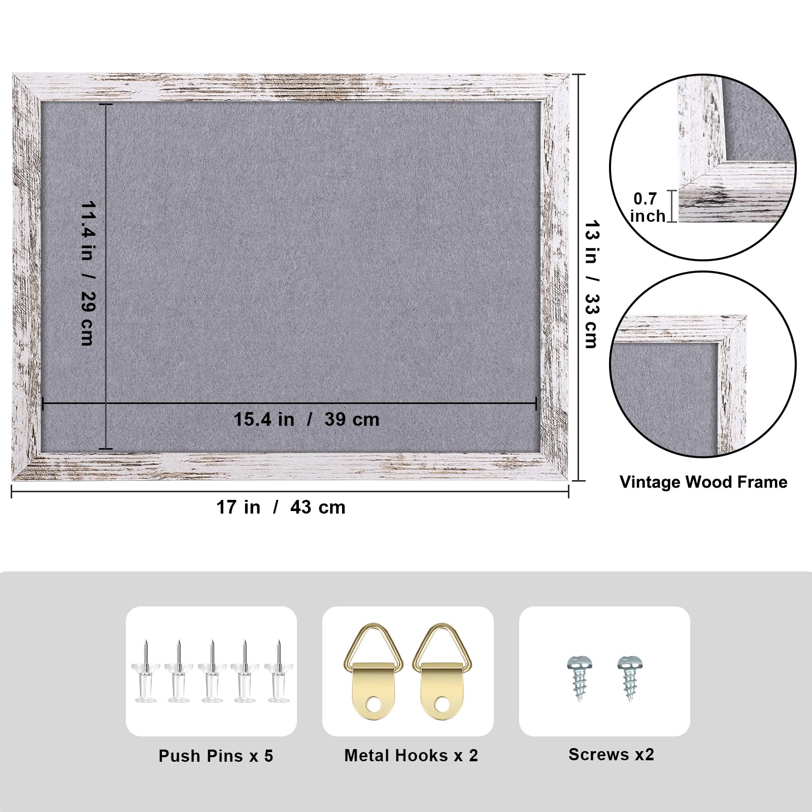 Aitakatta Gray Felt Cork Board Bulletin Board, Decorative Hanging Cork Boards for Walls with White Rustic Wood Frame, Pin Board Vision Board for Office Home and School with Pins, Screws (4333,WH,1pc)