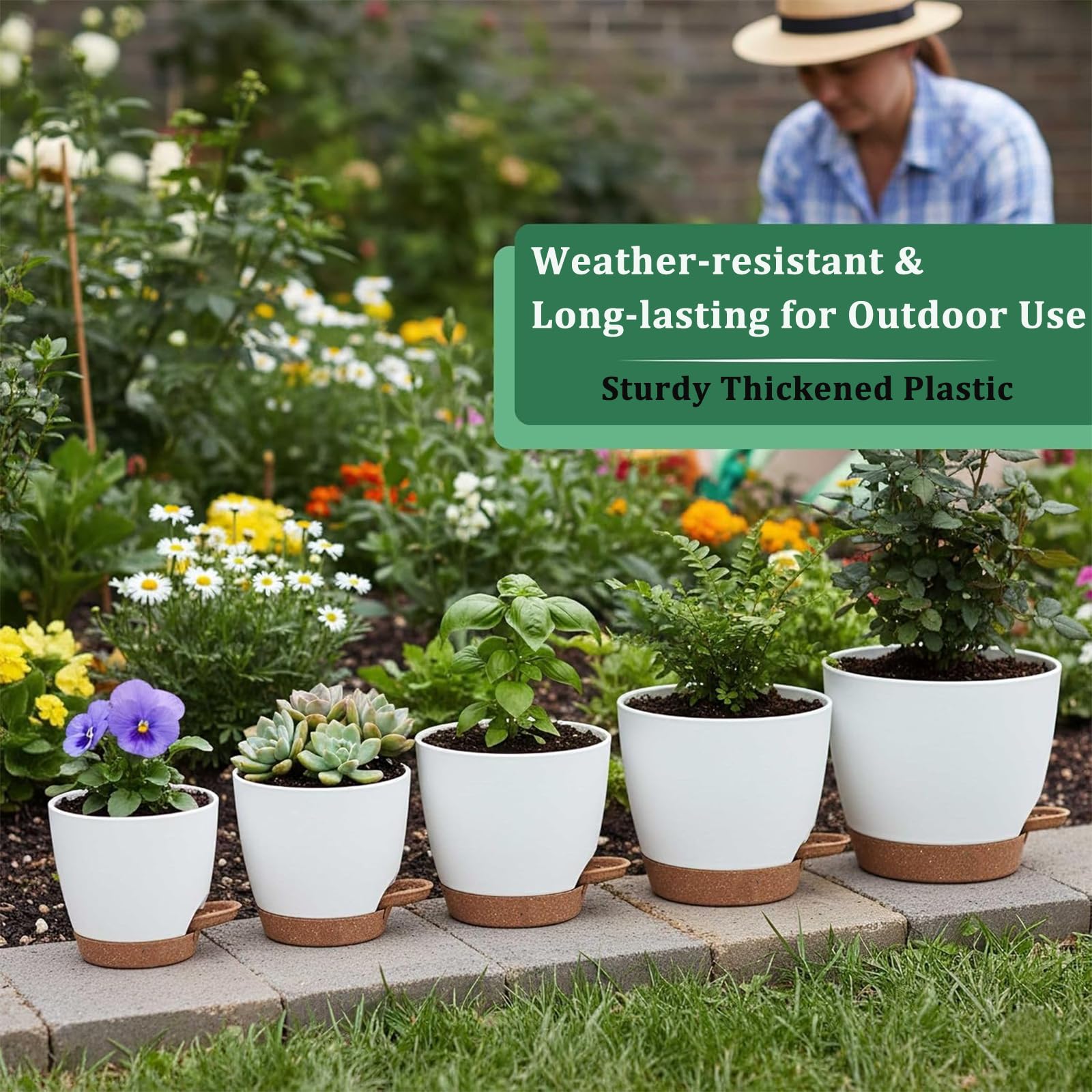 Plant Pots 7/6.5/6/5.5/5 Inch Self Watering Flower Pots Indoor Outdoor 5 Pack Plastic Planters with Drainage Holes Saucers Nursery Planting Pot for Indoor Outdoor Plants, White