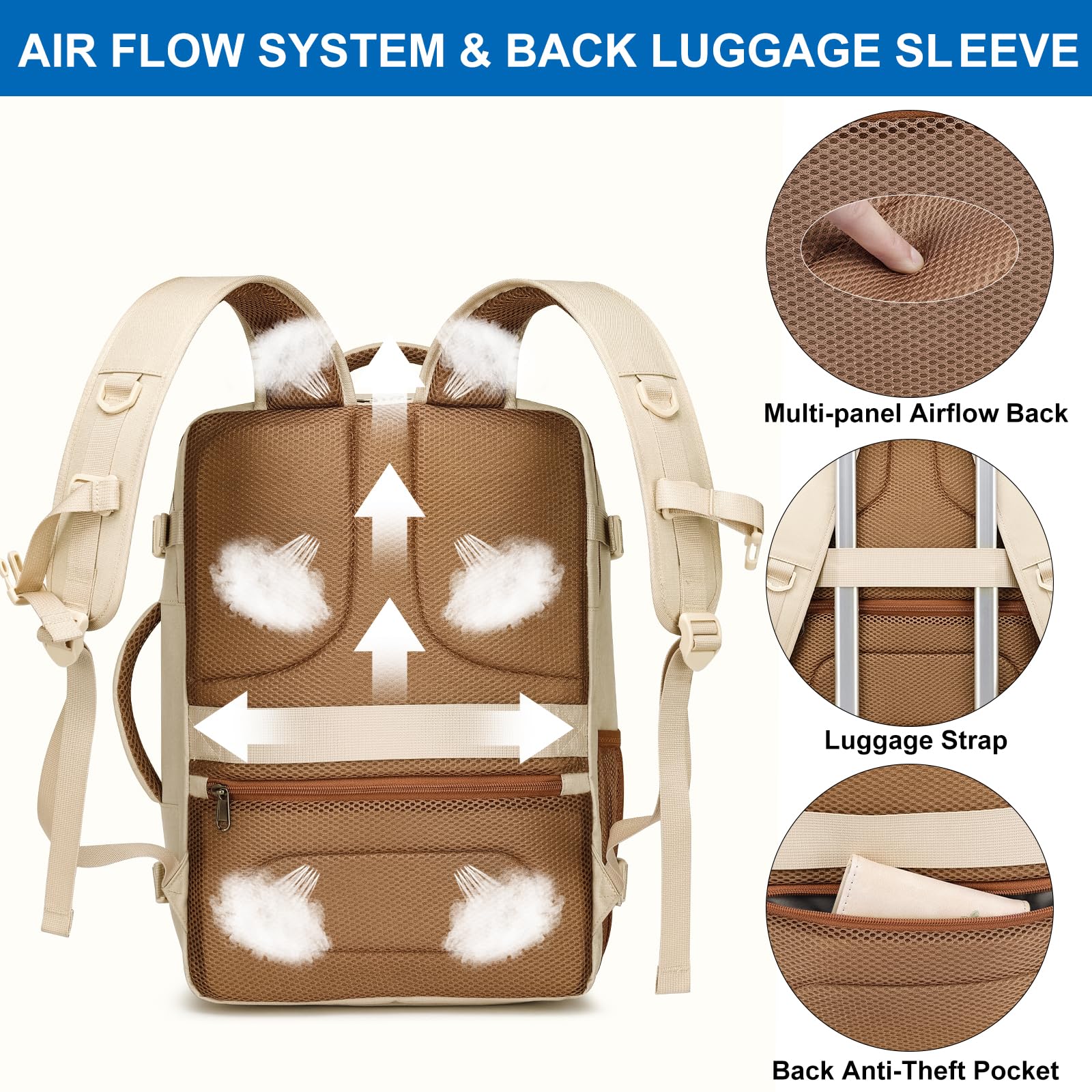 Travel Backpack for Women Flight Approved Carry On Travel Backpack with Shoe Pouch,TSA 15.6inch Laptop Sac à Dos Personal Item Bag for Weekender Overnight Bags Bookbag Travel Essentials,Beige