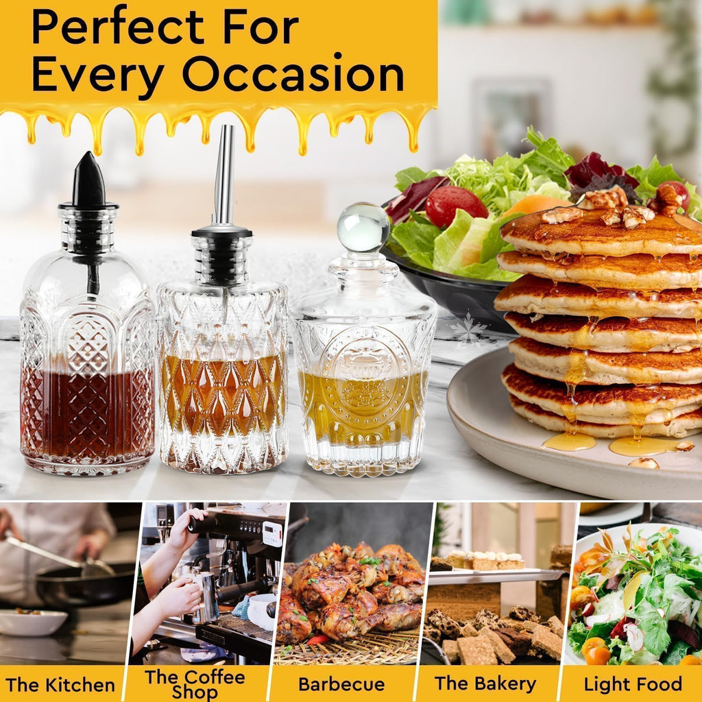 INFTYLE Syrup Bottle Set of 3 - Syrup Dispenser with Leak-Proof Lids Pour Spout Ideal for Coffee Syrups,Honey,Condiments,Olive Oil