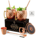 COPPER-BAR Moscow Mule Copper Mugs - Unique HANDCRAFTED Gift Set of 2, Hammered by Artisan, 100% Pure Solid Copper Cups 16oz for Drinking Water & Cocktails, Include 13 Pcs accessories & Special Opener