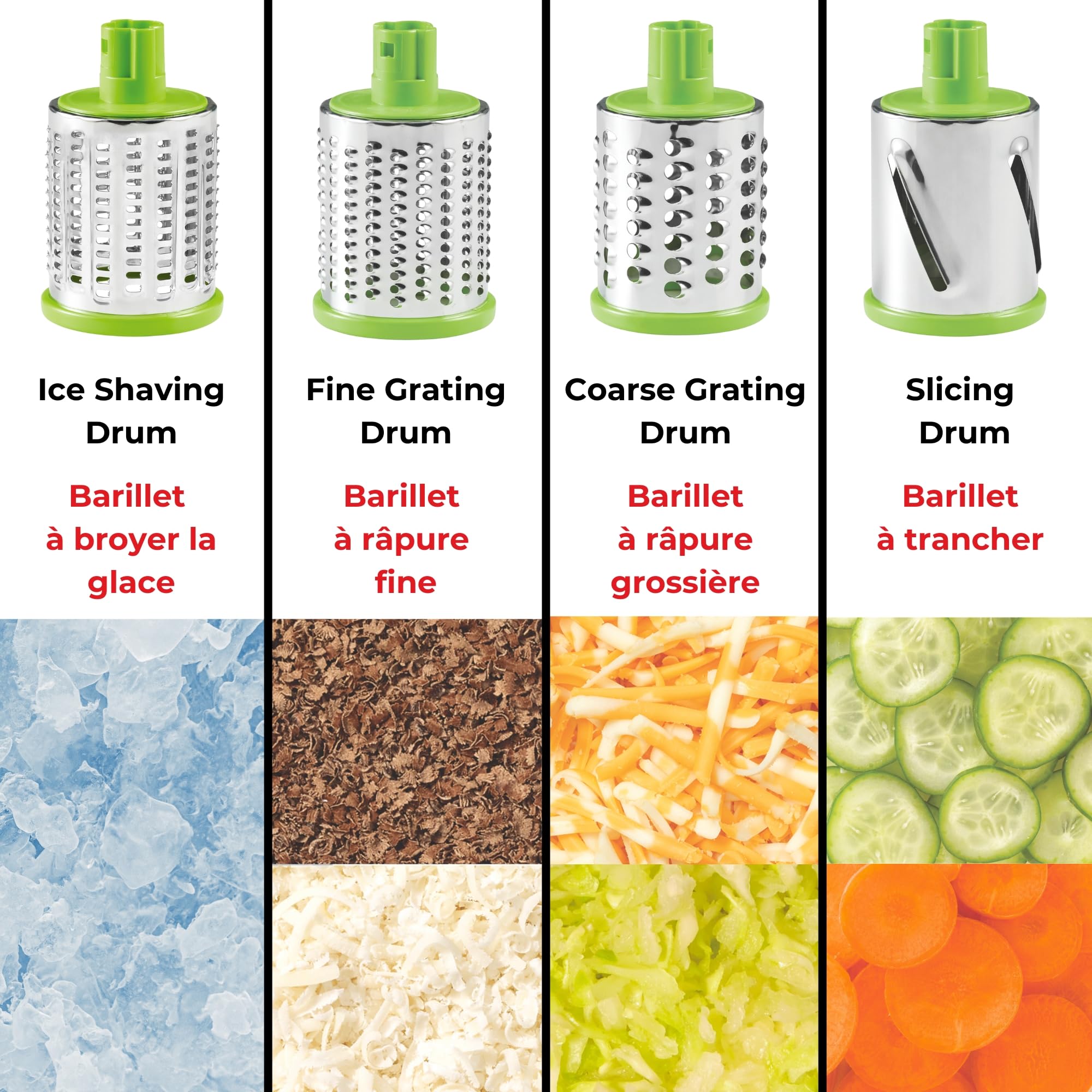 Starfrit Rotary Drum Grater, 4 Interchangeable Stainless Steel Drums, Slicing, Coarse and Fine Grating, Ice Shaving, Great for Vegetables, Cheese, Nuts, Chocolate, Easy to Use Hand Crank