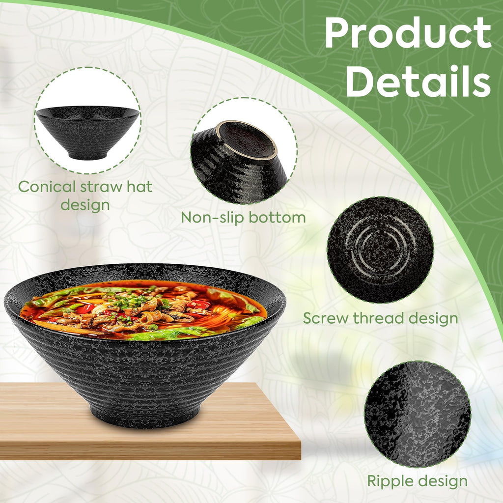 NJCHARMS Ceramic Ramen Bowl Set of 2, 60 oz Japanese Noodle Soup Bowls with Spoons and Chopsticks for Ramen Soup Pho Udon Asian Noodles, Large Noodle Bowls(Black)