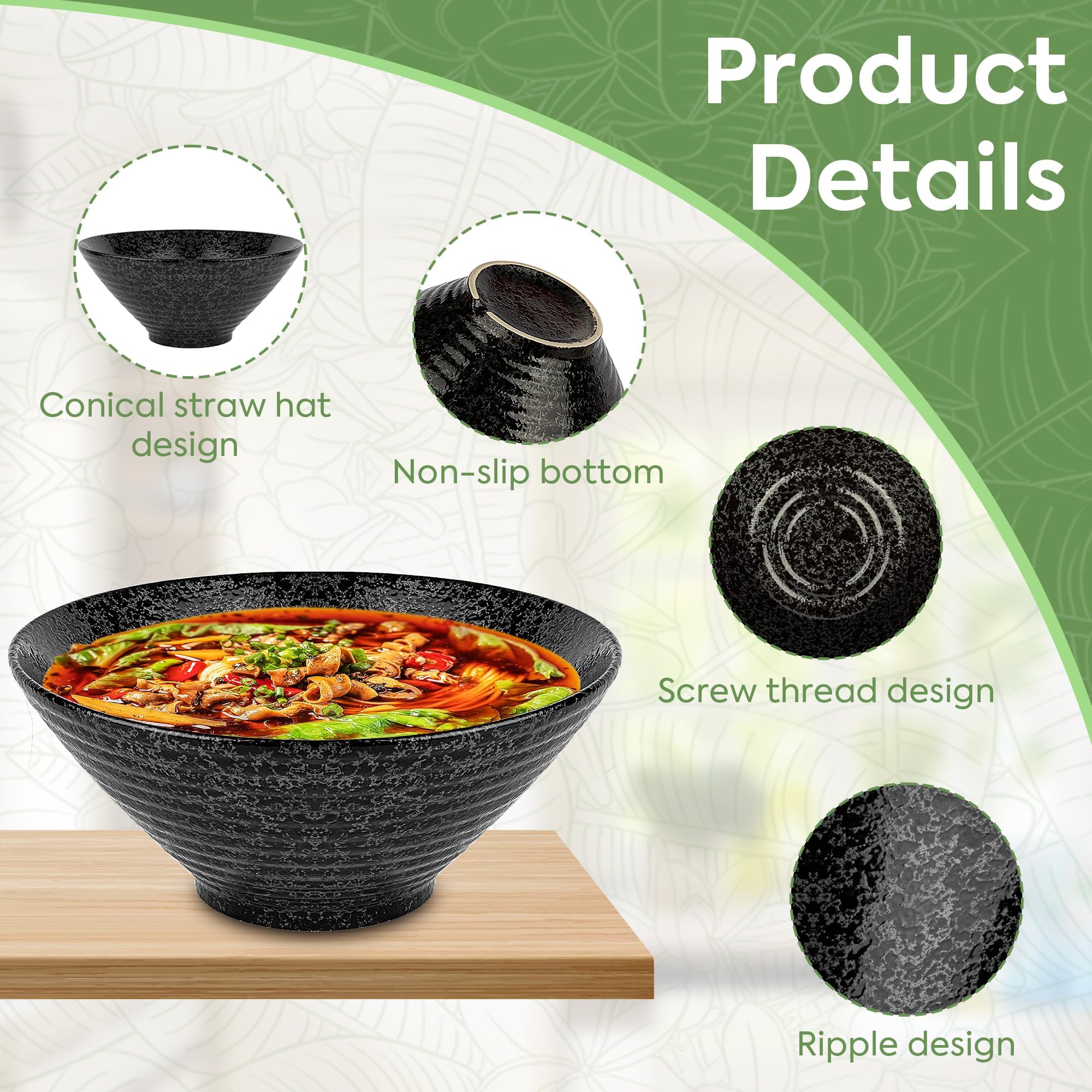 NJCHARMS Ceramic Ramen Bowl Set of 2, 60 oz Japanese Noodle Soup Bowls with Spoons and Chopsticks for Ramen Soup Pho Udon Asian Noodles, Large Noodle Bowls(Black)