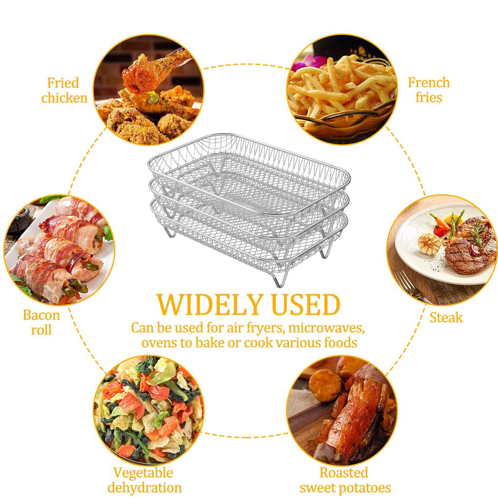 Abizarch Air Fryer Accessories Rack for Ninja Basket, 3 Layers, 304 Stainless Steel Stacking Bacon Racks for Ninja AF300UK, Salter/Instant/EMtronics Double Drawer, with Clip and 8 Silicone Feet