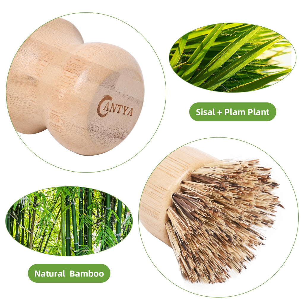 6 Packs Bamboo Dish Brush - Kitchen Scrub Brush, Natural Union Fiber and Tampico Fiber Dish Scrubber for Washing Cast Iron Pan/Pot(Hard Bristle)