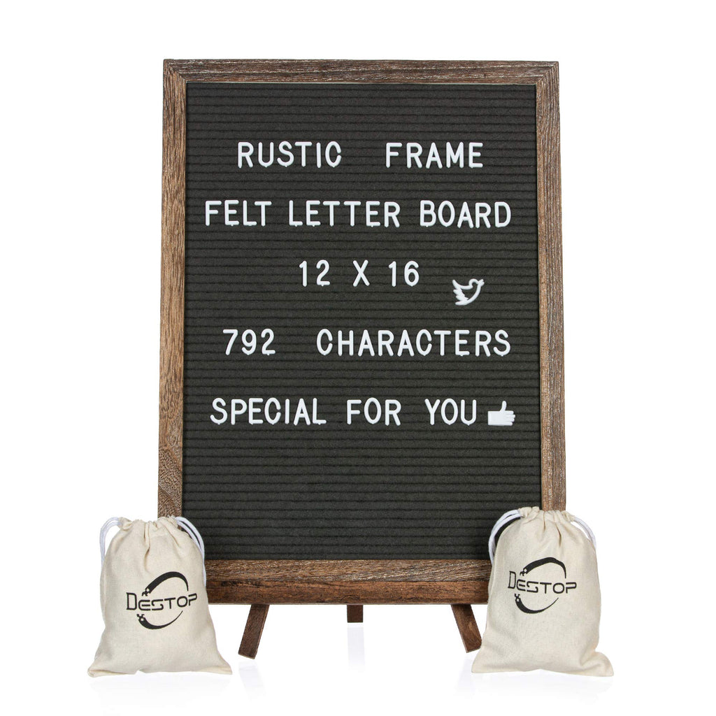 Felt Letter Board with Rustic Vintage Frame and Stand 12x16 inch, Grey Changeable Letter and Message Board Includes 792 Letters, Numbers and Symbols, Hook to Hang, 2 Canvas Bags