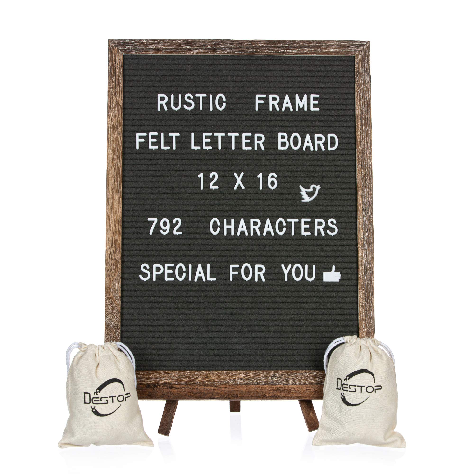 Felt Letter Board with Rustic Vintage Frame and Stand 12x16 inch, Grey Changeable Letter and Message Board Includes 792 Letters, Numbers and Symbols, Hook to Hang, 2 Canvas Bags