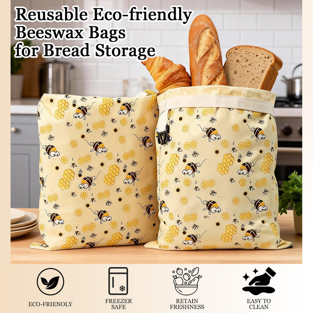 2 Pack Reusable Beeswax Bread Bags, Natural Beeswax-Lined Cotton Bread Bags for Homemade Sourdough Bread, Large Storage Bags to Keep Bread Fresh for Freezer, Plastic-Free Storage, Washable