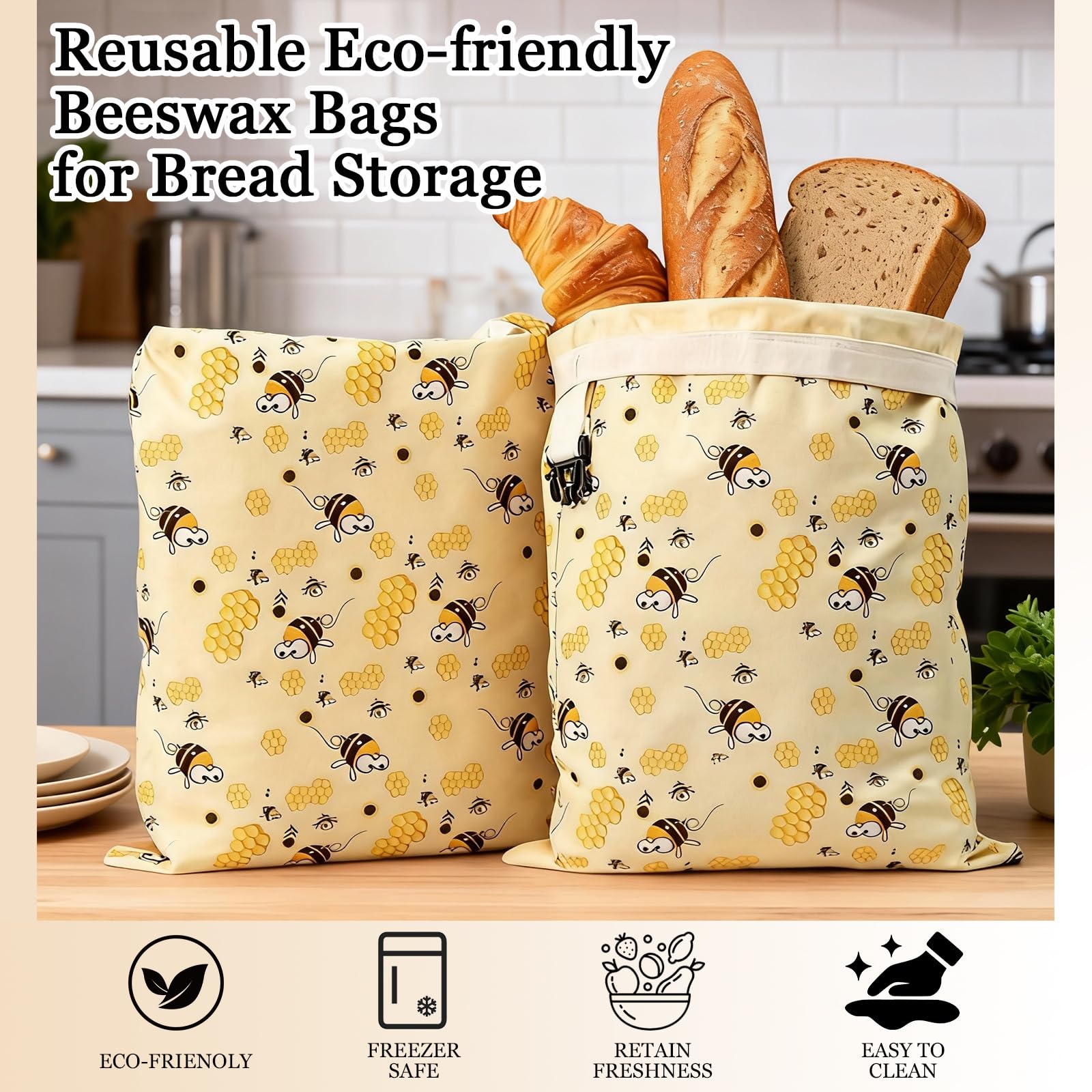 2 Pack Reusable Beeswax Bread Bags, Natural Beeswax-Lined Cotton Bread Bags for Homemade Sourdough Bread, Large Storage Bags to Keep Bread Fresh for Freezer, Plastic-Free Storage, Washable