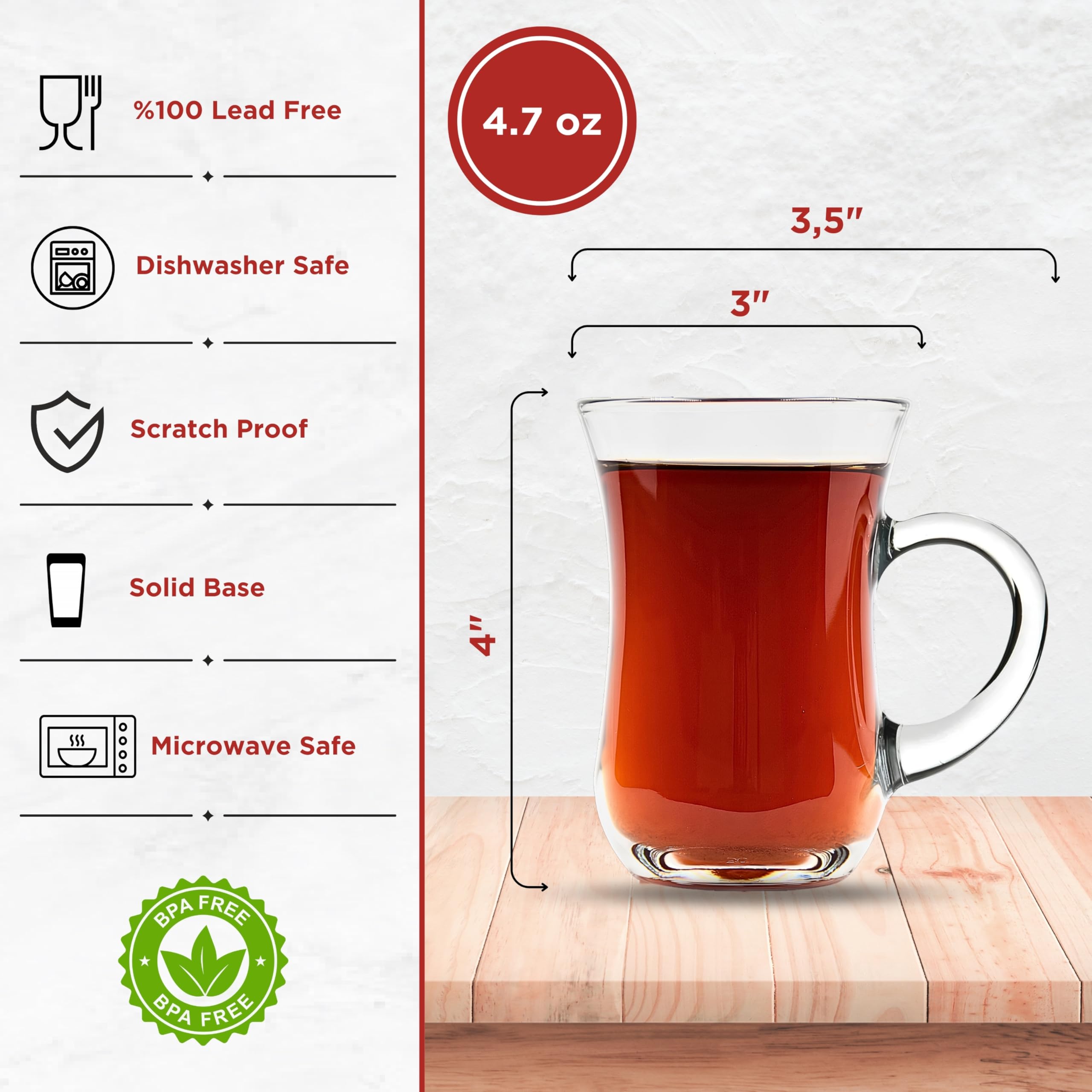 yersiz Turkish Tea Glasses With Handle - 6 pcs Glass Tulip Teacups, 4.9 oz Capacity, 2.6" Diameter, 3.7" Height
