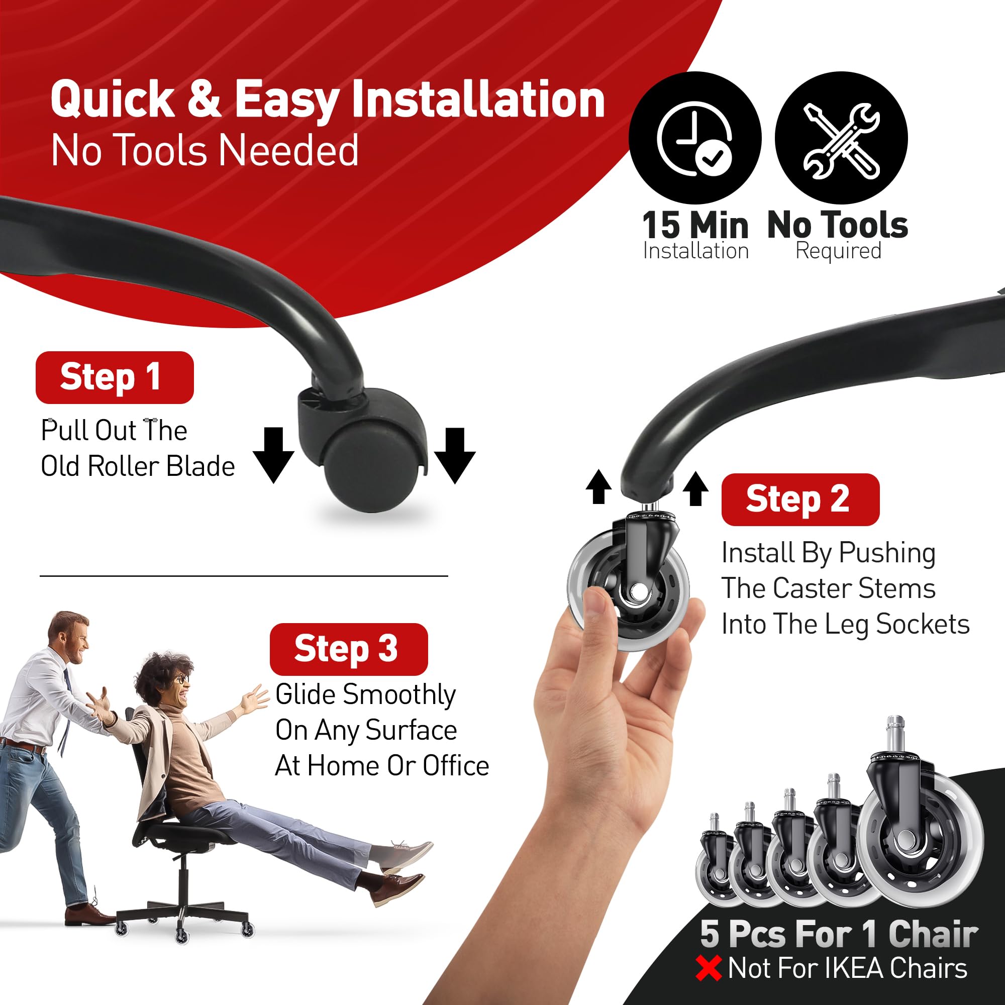 RIVEDA Office Chair Caster Wheels Set of 5 - Smooth 3 inch Heavy-Duty Replacement Rubber Wheels for Gaming & Desk Chair - Easy to Install, Suitable for Hardwood Floors, Carpet, Tiles (Clear)