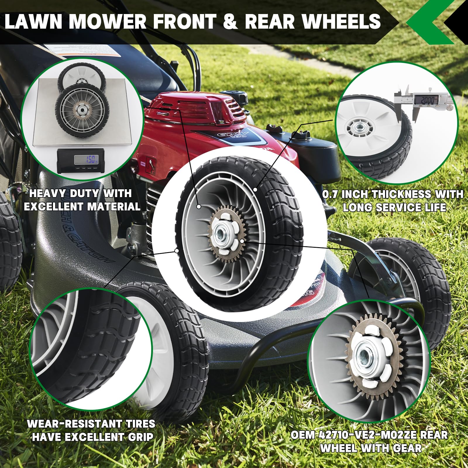 HRR216 Lawn Mower Drive Wheels Kit 2 Pcs Rear Wheels 42710-VE2-M02ZE Replace for Honda HRR216 HRS216 HRT216 Walk-behind Lawn Mower