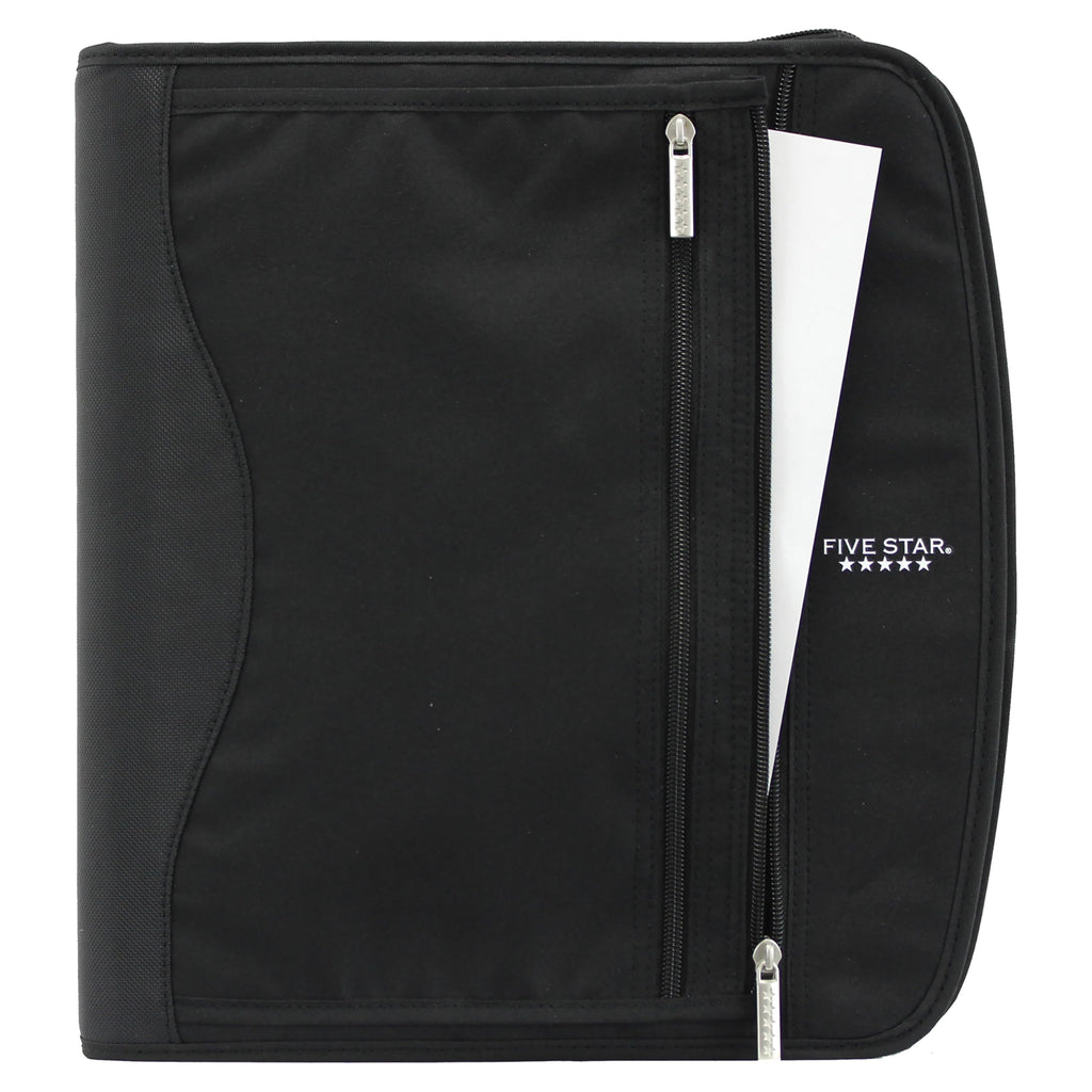 Five Star Zipper Binder, 2-Inch Capacity, 3 D-Rings, Exterior Zippered Pockets, Interior Mesh Pouch, Easy Grip Spine, Black Cover (66352)
