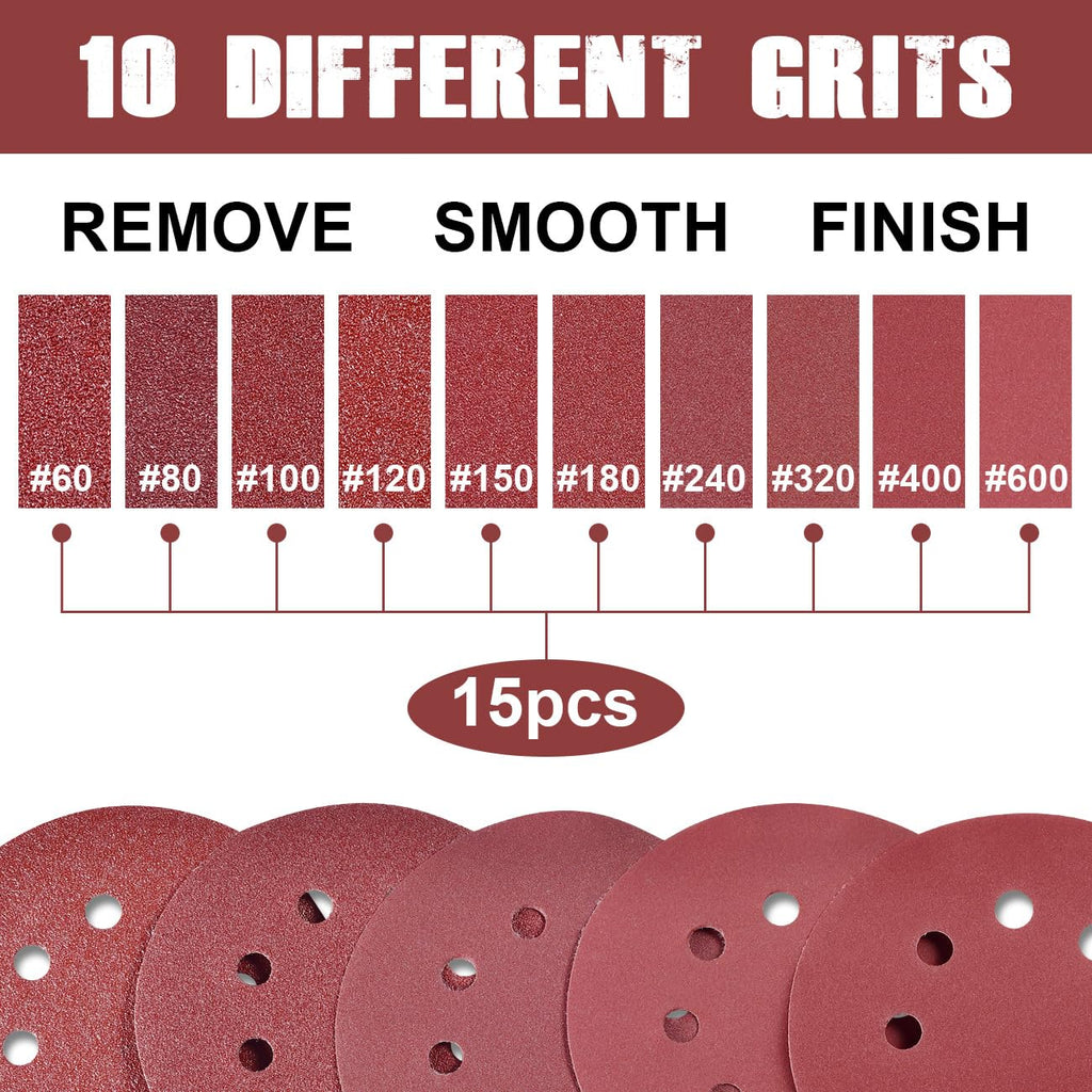 150pcs Sandpaper Set 5 inch 8 Holes Sanding Discs 60 80 100 120 150 180 240 320 400 600 Grit Round Sandpaper Assorted for Random Orbital Sander