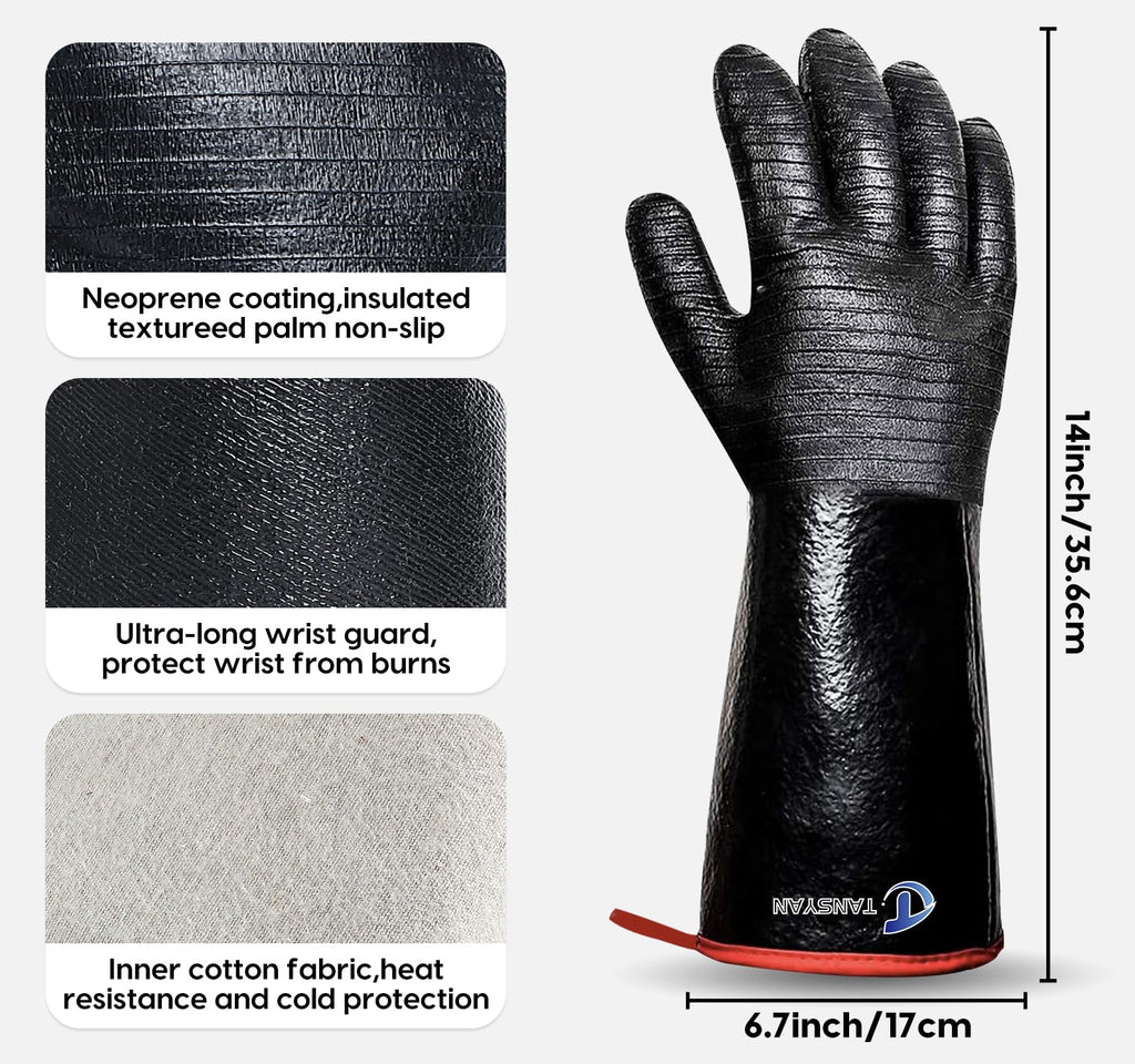 TANSYAN BBQ Gloves, 932°F Extreme Heat Resistant Gloves for Grill BBQ, Waterproof Long Sleeve Pit Grill Gloves for Fryer, Baking, Oven,Smoker,Fireproof, Oil Resistant Neoprene Coating（14-Inch ）