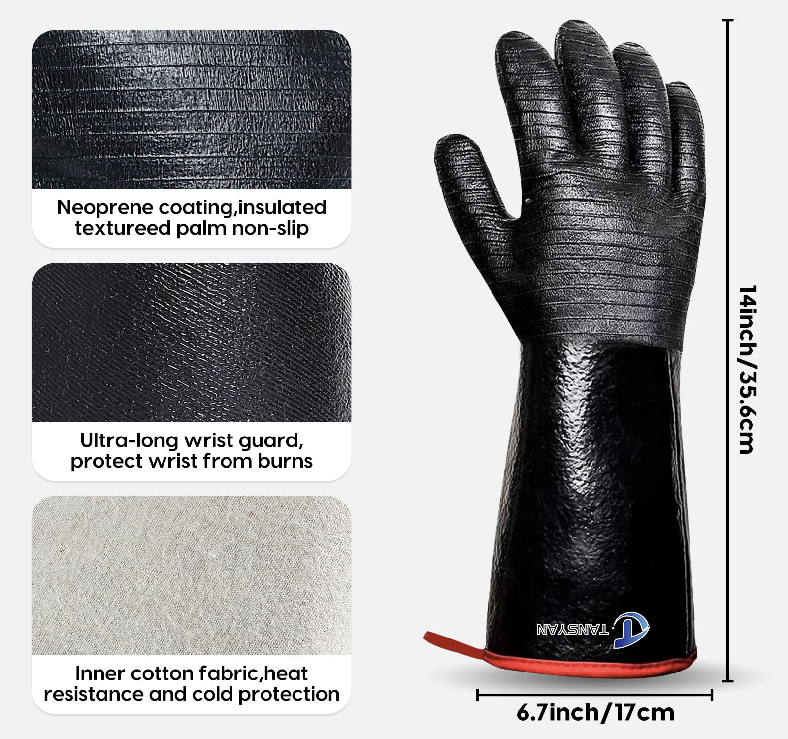 TANSYAN BBQ Gloves, 932°F Extreme Heat Resistant Gloves for Grill BBQ, Waterproof Long Sleeve Pit Grill Gloves for Fryer, Baking, Oven,Smoker,Fireproof, Oil Resistant Neoprene Coating（14-Inch ）