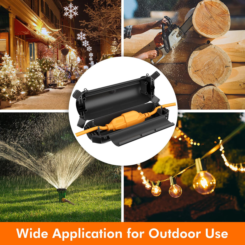 3 Pack Restmo Compact Outdoor Extension Cord Cover, IP44 Waterproof Box and Safety Housing Case, Ideal to Protect Outdoor Plugs, Electrical Connections, Holiday Decoration Lights, Size Small, Black