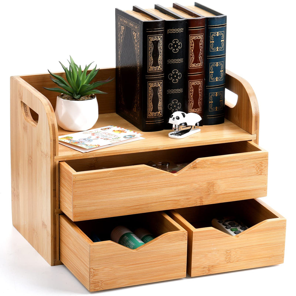 Hacaroa 3 Tier Bamboo Desktop Organizer with 3 Drawers, Mini Tabletop Craft Box Cosmetic Storage Drawer with Handle, Portable Desk Letter Mail Sorter for Office Supply, Toiletries