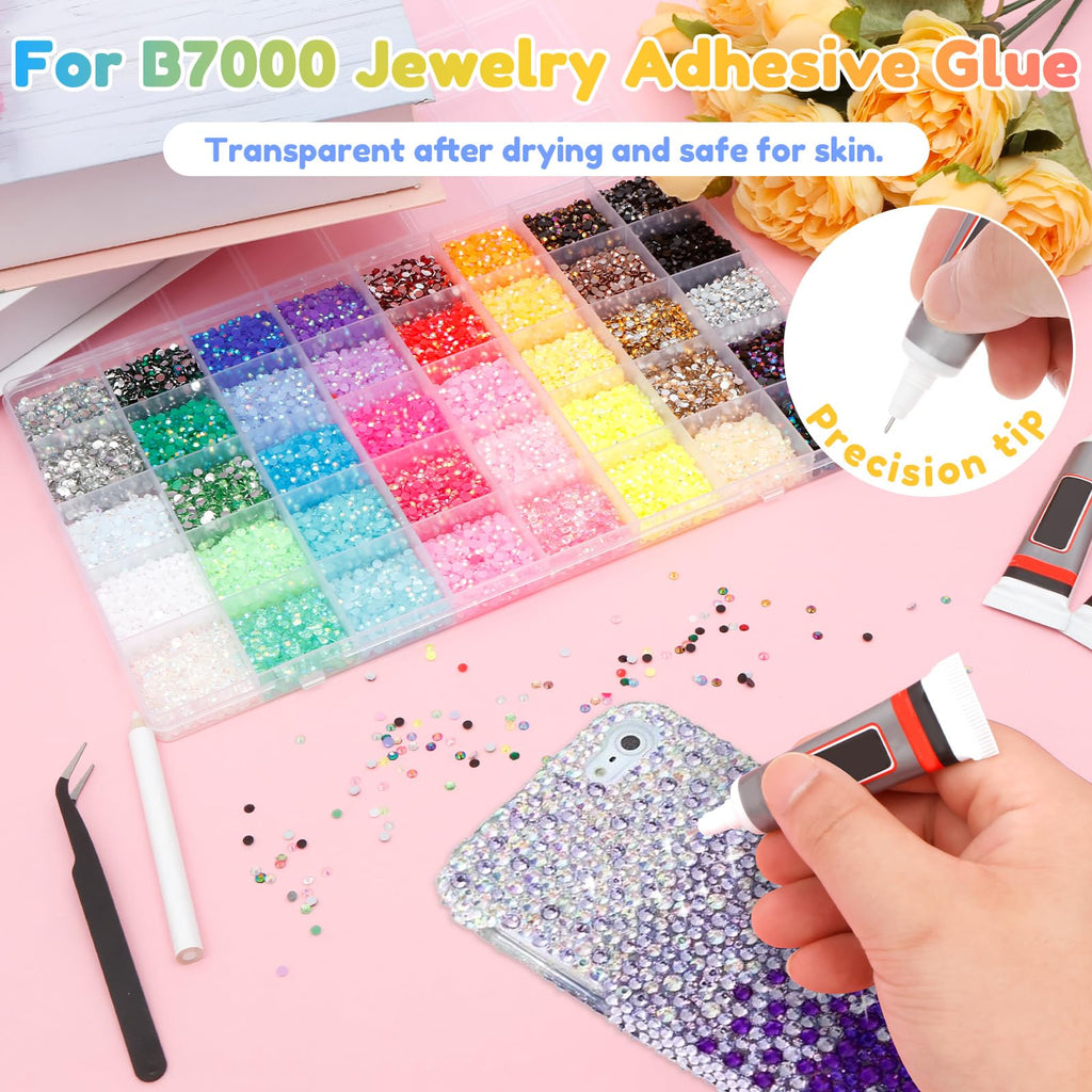40 Colors Resin Jelly Rhinestones for Bedazzling Kit 32000 Pcs 3mm Flatback Rhinestones with Tweezers Pen 3Pcs B7000 Glue Bedazzling Gems Rhinestone Kit for Clothing Shoes Nail Cups DIY Crafts