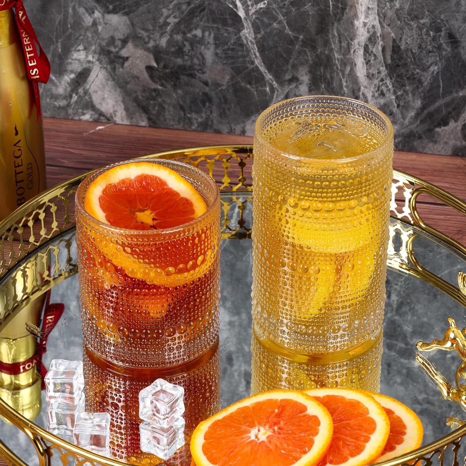 Hobnail Drinking Glasses Set of 8, 12 Oz Highball Glasses & 10 Oz Cocktail Glasses, Clear Embossed Boho Glass Cups Kitchen Bar Tumbler Glassware Set for Whiskey, Beer, Juice, Milk