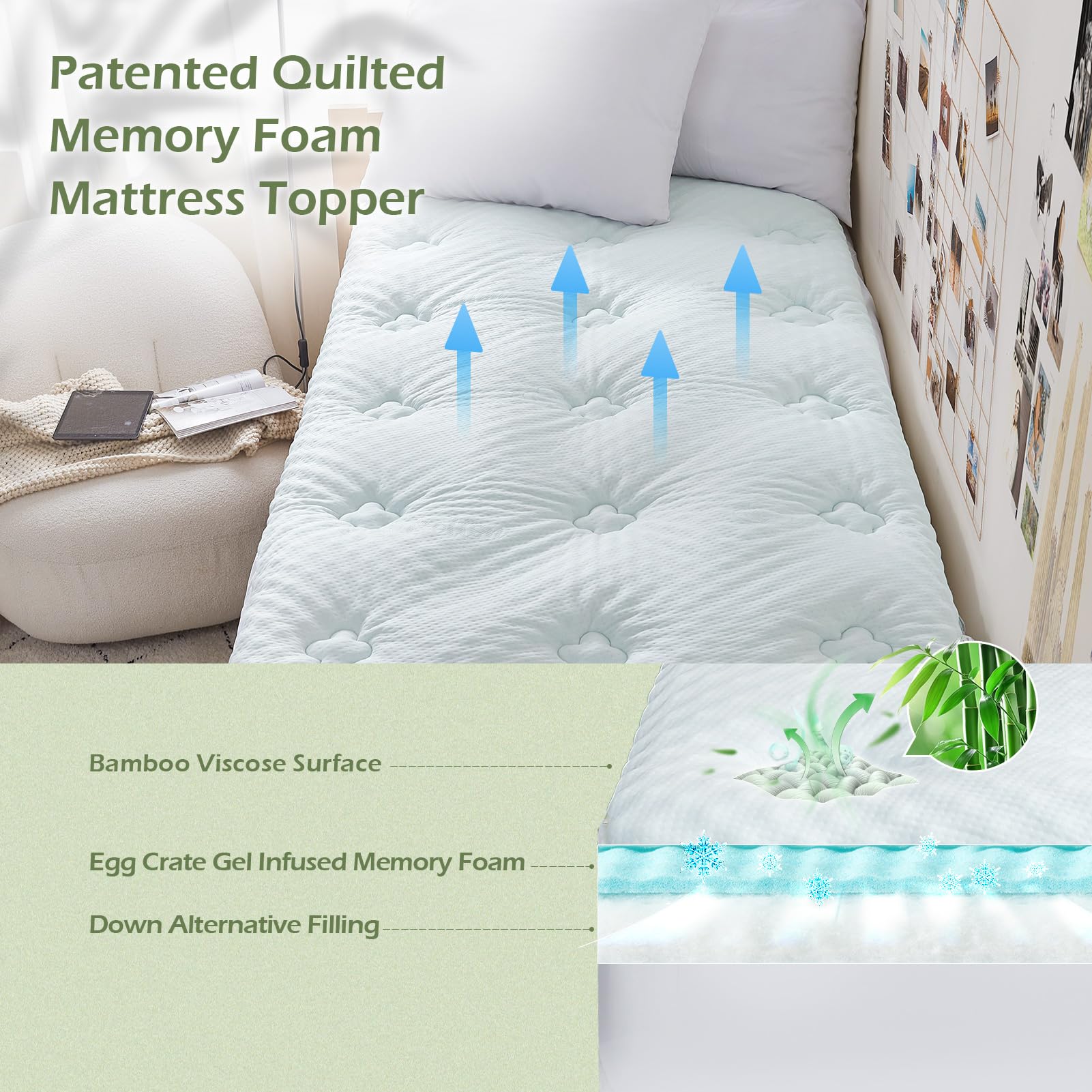 Hansleep Memory Foam Mattress Pad Twin XL, Twin XL Mattress Topper for College Dorm, Fluffy Mattress Pad with Deep Pocket, Breathable Air Mattress Topper Cover, White, 39x80 Inches
