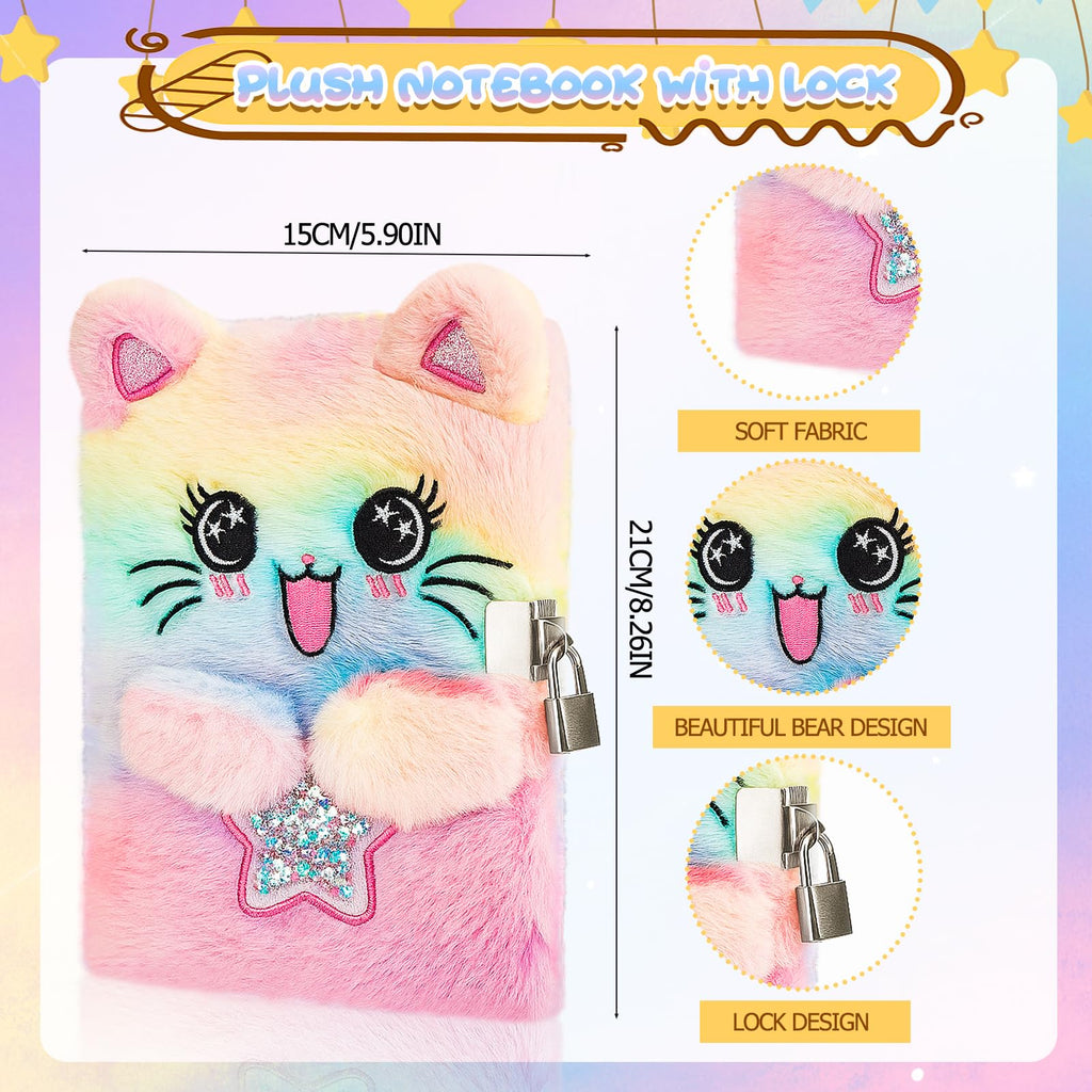 Cat Diary with Lock and Key,Tie-Dye Plush Notebook,Secret Diary with Coin Purse 2 Ballpoint 3 Crystal Sticker,Stationary Gift for Girls Age 4-12 Multicolored