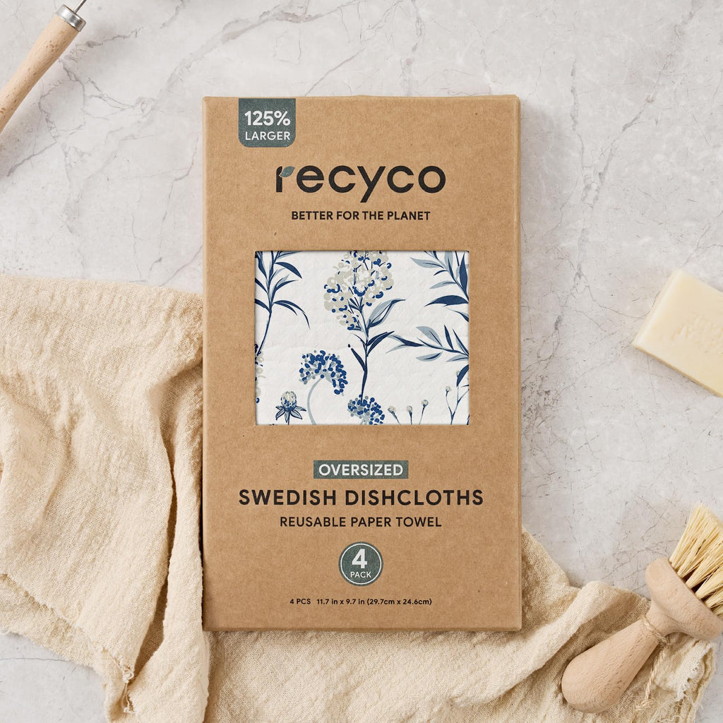RECYCO Swedish Dishcloths for Kitchen | 4 Pack Oversized Washable Dish Rags | Large Cellulose Reusable Cleaning Paper Towels | Absorbent Counter Dish Cloth Sponge XL Kitchen Wipes, 12" L x 10" W