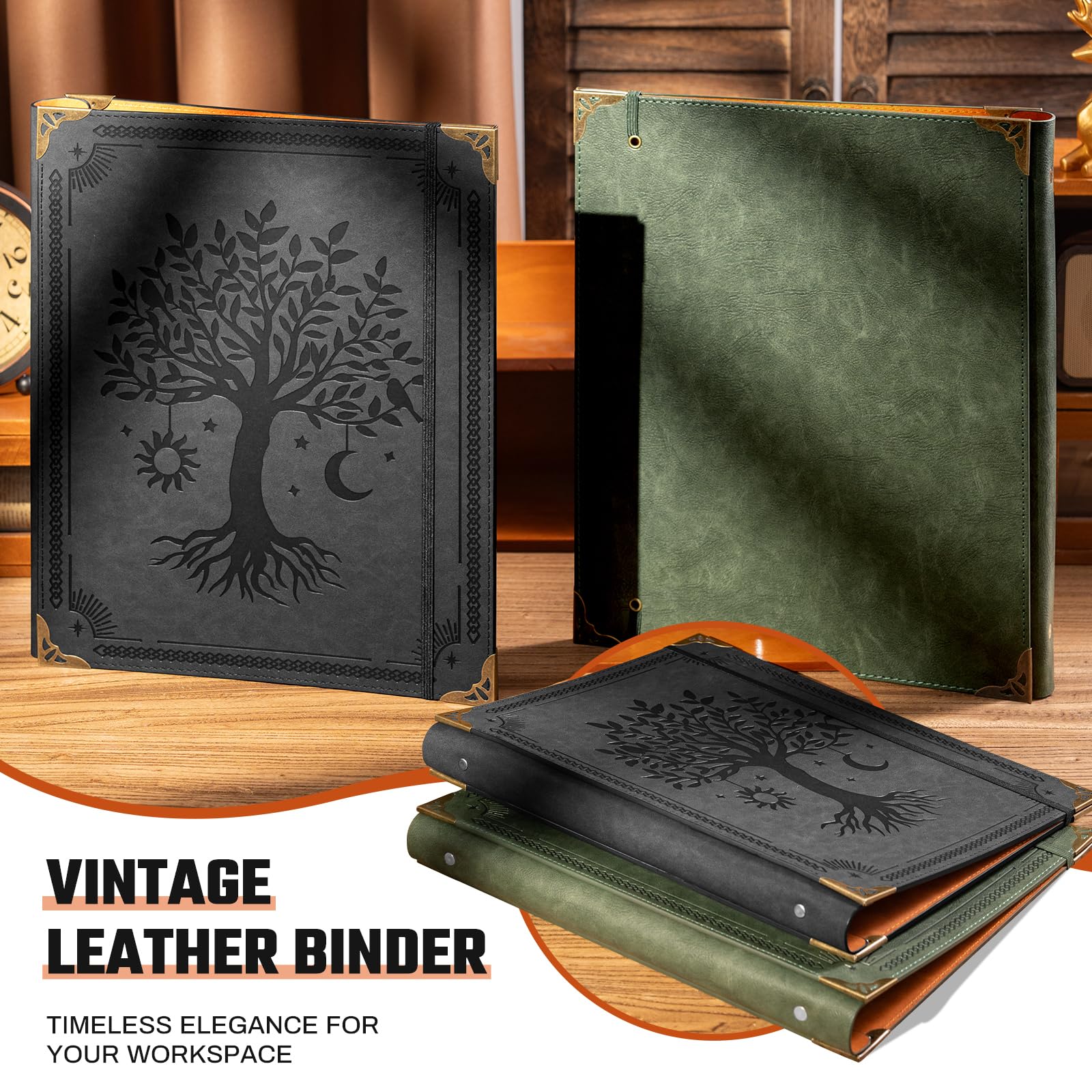 Ovesmusl Leather 3 Ring Binder 1 Inch Round Ring Binder Holds 200 Sheets 8.5"x11" Letter Size Paper, Wedding Family History Notebook Cover Loose Leaf Organizer, Black