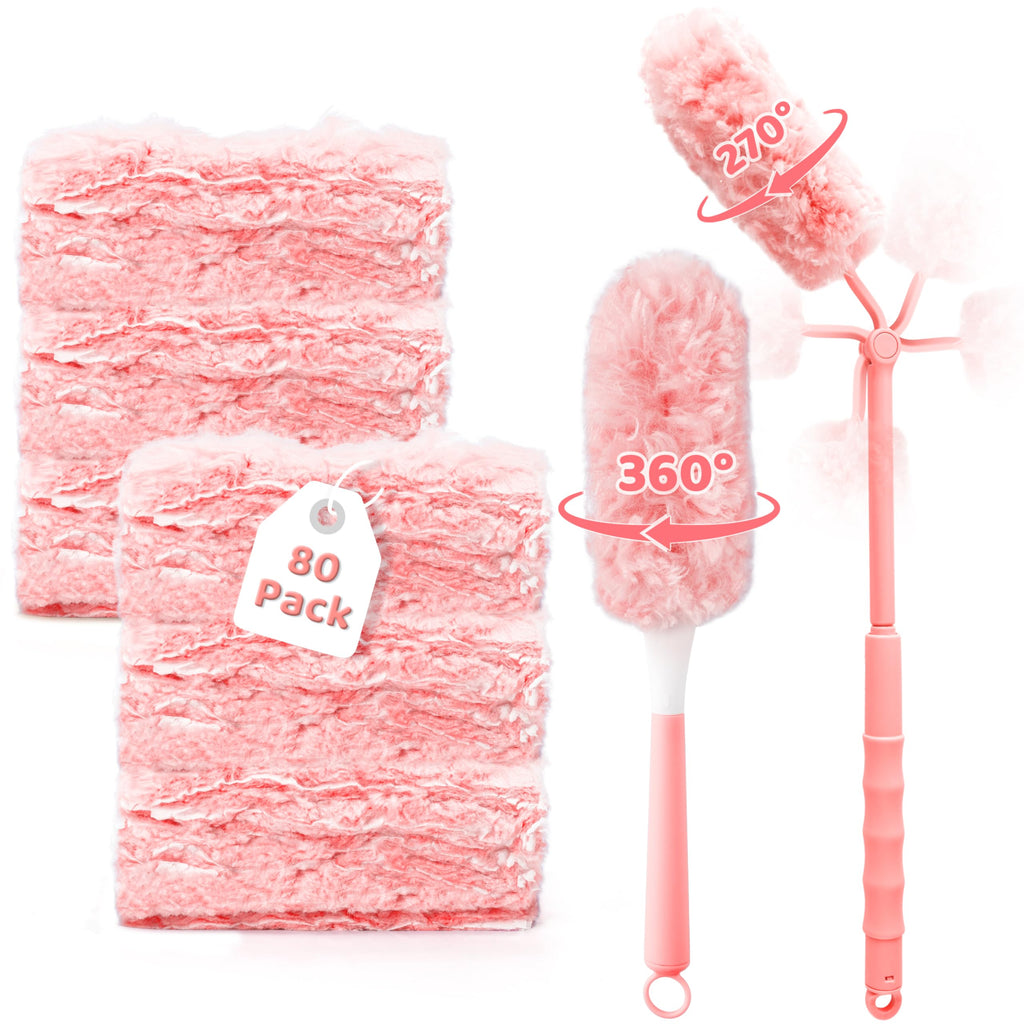 GQIRIL 360° Dusters Refills for Cleaning - 80 Count Disposable Feather Duster Kit with 2 Handles, Multi-Surface Microfiber Feather Dusting Cleaner for Furniture Blinds Windows Ceiling Fans (Pink)