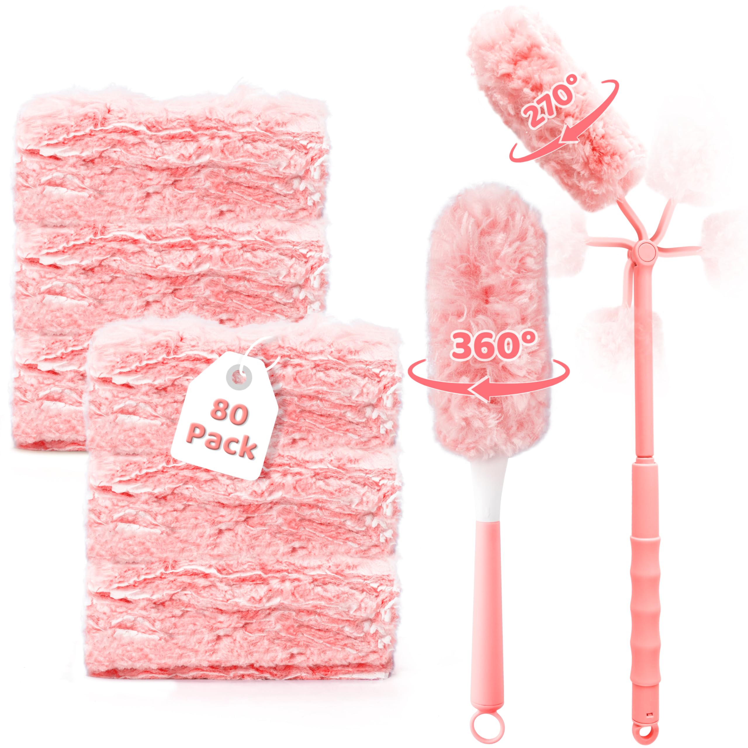 GQIRIL 360° Dusters Refills for Cleaning - 80 Count Disposable Feather Duster Kit with 2 Handles, Multi-Surface Microfiber Feather Dusting Cleaner for Furniture Blinds Windows Ceiling Fans (Pink)