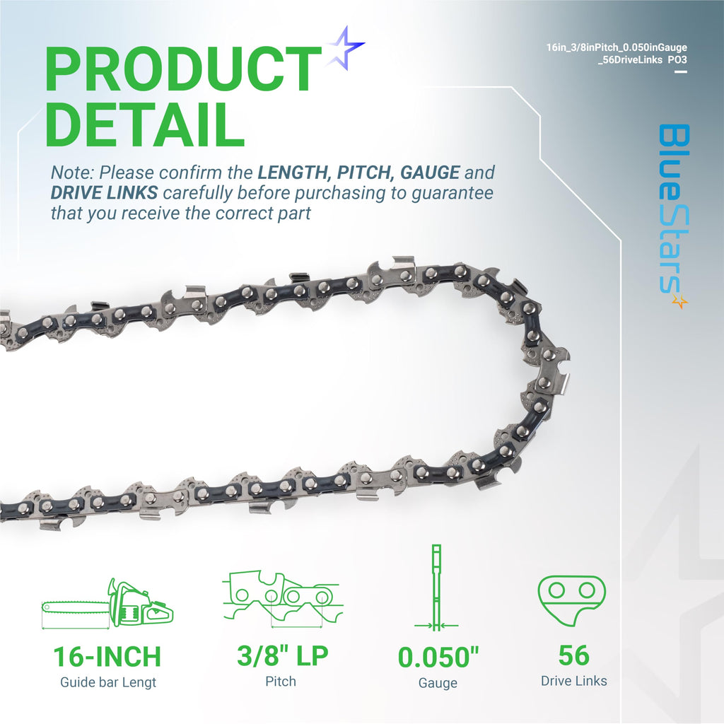 BlueStars 3 Packs 16-inch Chainsaw Chain 3/8" LP Pitch .050" Gauge 56 Drive Links - Compatible with Craftsman Echo CS-280 CS-302 CS-305 CS-306 Greenworks Homelite Husqvarna 135 136 137 Chainsaw S56