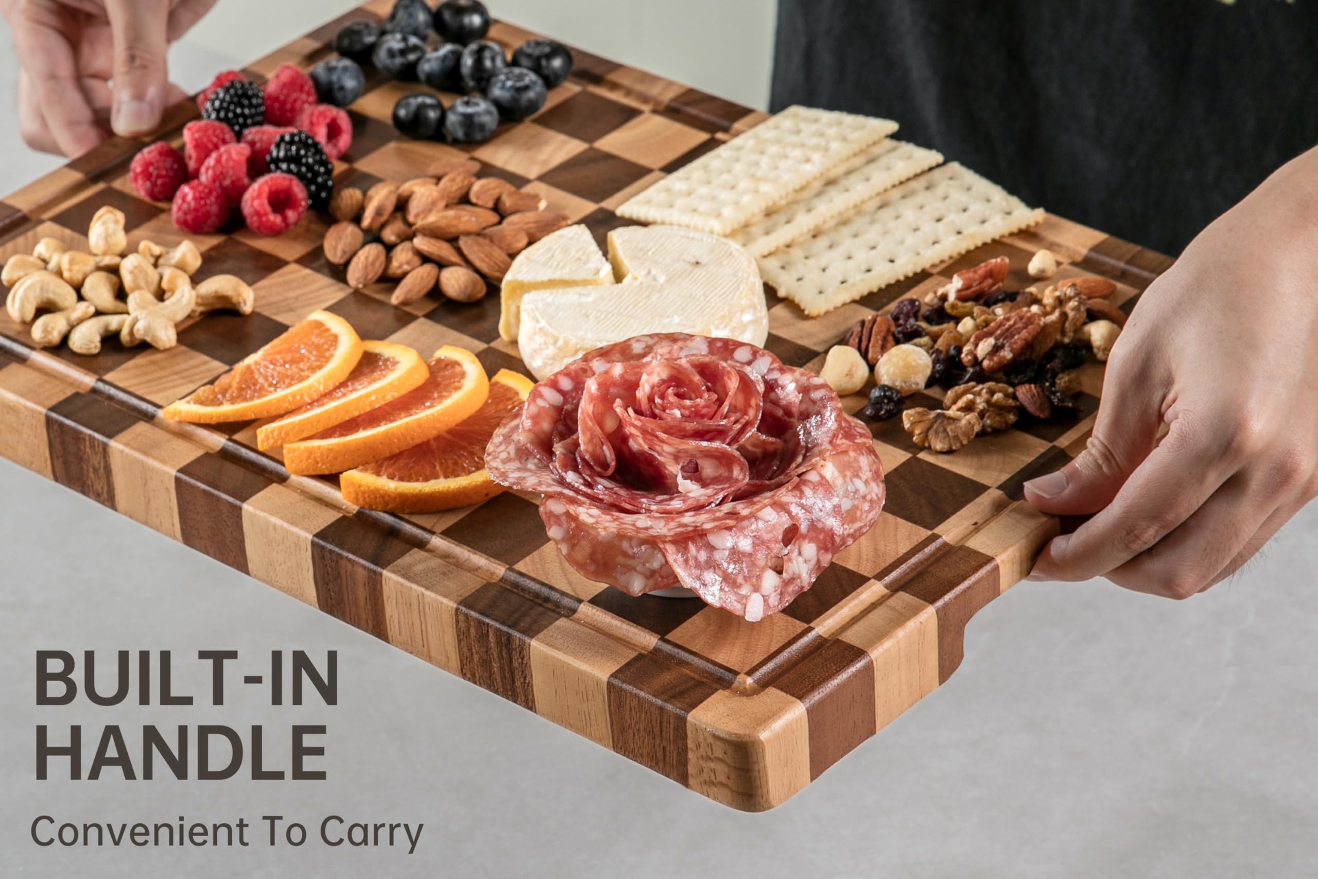 THETCHRY End Grain Cutting Boards for Kitchen, Wooden Cutting Board, Acacia Wood Chopping Board with Juice Groove & Handle, Butcher Block for Meat, Bread & Fruit, 14" L x 11" W x 0.8" Th